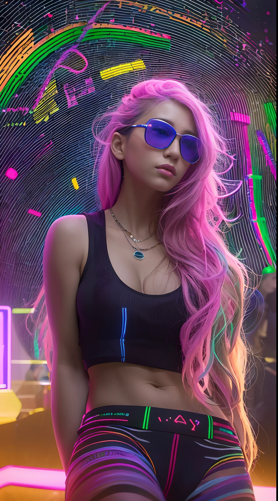 Arafed woman with long rainbow hair and a neon cyberpunk tank top, retrato, Ela tem um rosto bonito, Imagens da Webcam, clivagem, peituda, sexy look at the camera, Fotografado na webcam, 4 8 0 p, 480p, Seu peito, she's facing the camera, gorgeous female, fundo do clube de discoteca, RGB, LED Rave Lighting