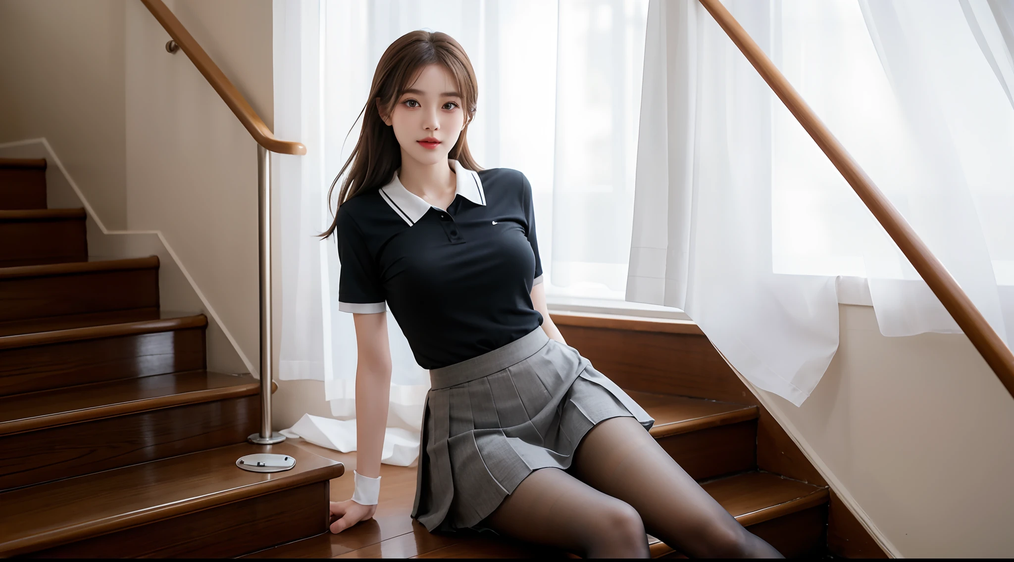 Korean school uniform、summer school uniform shirt、Tight shirt、Ribbon Ties、skirt by the、schools、stairs at school、Place your arms on your chest for focus、Slender and large、8K raw photos、A high resolution、age:18 、jpn、Cut the eye、very large round breasts、Beautiful eyes finely detailed、long eyelasher、beautiful double eyelid、eye shadows、eyeline、slender eyes、Elongated eye shape、Sanpaku eyes、beautiful and thin legs、Beautiful slender thighs、Random Shorthair、Tie your hair behind your head、耳Nipple Ring、Light brown hair、(Wear pantyhose)、The thighs are pornographic、ssmile、Mouth slightly open