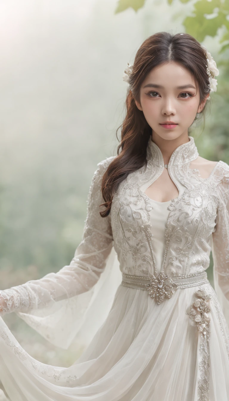 （tmasterpiece，top-quality，optimum，offcial art，Beautiful and aesthetic，Long exposure：1.2），Smooth movement，Charming Patterns， 1 rapariga，（Long skirt with sleeves：1.3），(((white  clothes)))，upperbody closeup，No shoulders，ChineseGirl，Blushlush，Black lob hair， sportrait，独奏，The upper part of the body，Gaze the observer，detailedbackground，Detailed face，(crystallineAI, crystalline theme:1.1)，Elemental wind，Swirling wind，Control the wind，White crystal clothes，dynamicposes，particles floating，Ethereal power，whirly，vaporous，Whirlwind in the background，White tones，whirly，