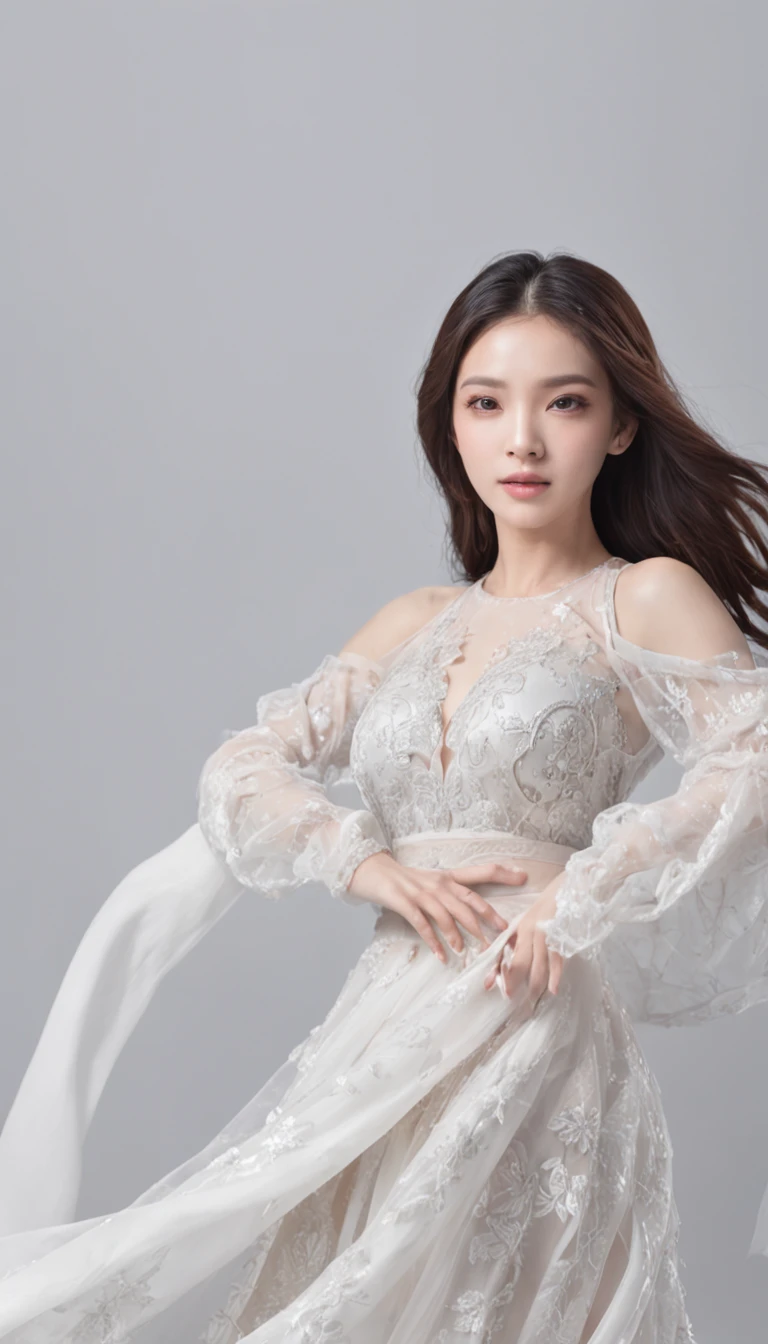 （tmasterpiece，top-quality，optimum，offcial art，Beautiful and aesthetic，Long exposure：1.2），Smooth movement，Charming Patterns， 1 rapariga，（Long skirt with sleeves：1.3），(((white  clothes)))，upperbody closeup，No shoulders，ChineseGirl，Blushlush，Black lob hair， sportrait，独奏，The upper part of the body，Gaze the observer，detailedbackground，Detailed face，(crystallineAI, crystalline theme:1.1)，Elemental wind，Swirling wind，Control the wind，White crystal clothes，dynamicposes，particles floating，Ethereal power，whirly，vaporous，Whirlwind in the background，White tones，whirly，