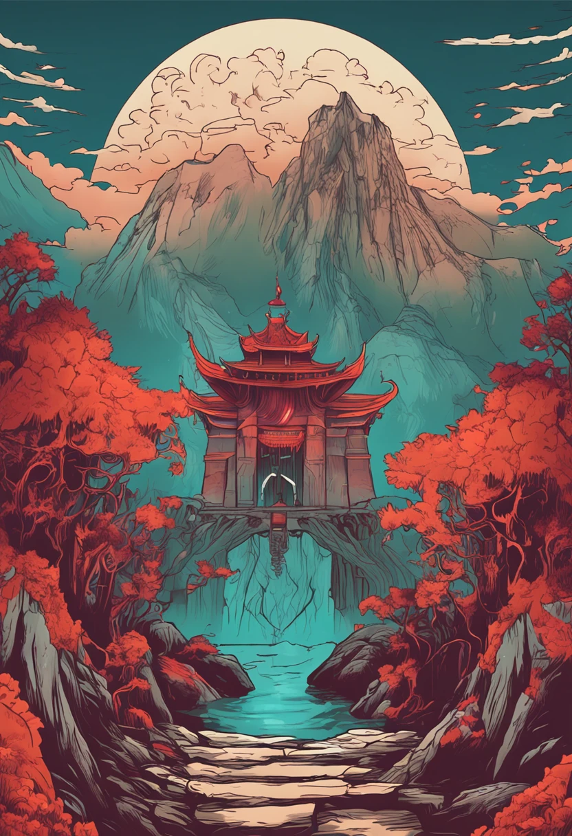 Trolls,scyscraper,Taoist robes,cultivating immortals,water ink,High hills,self-assured,Fairy wind road bone,Blood flows in the background
