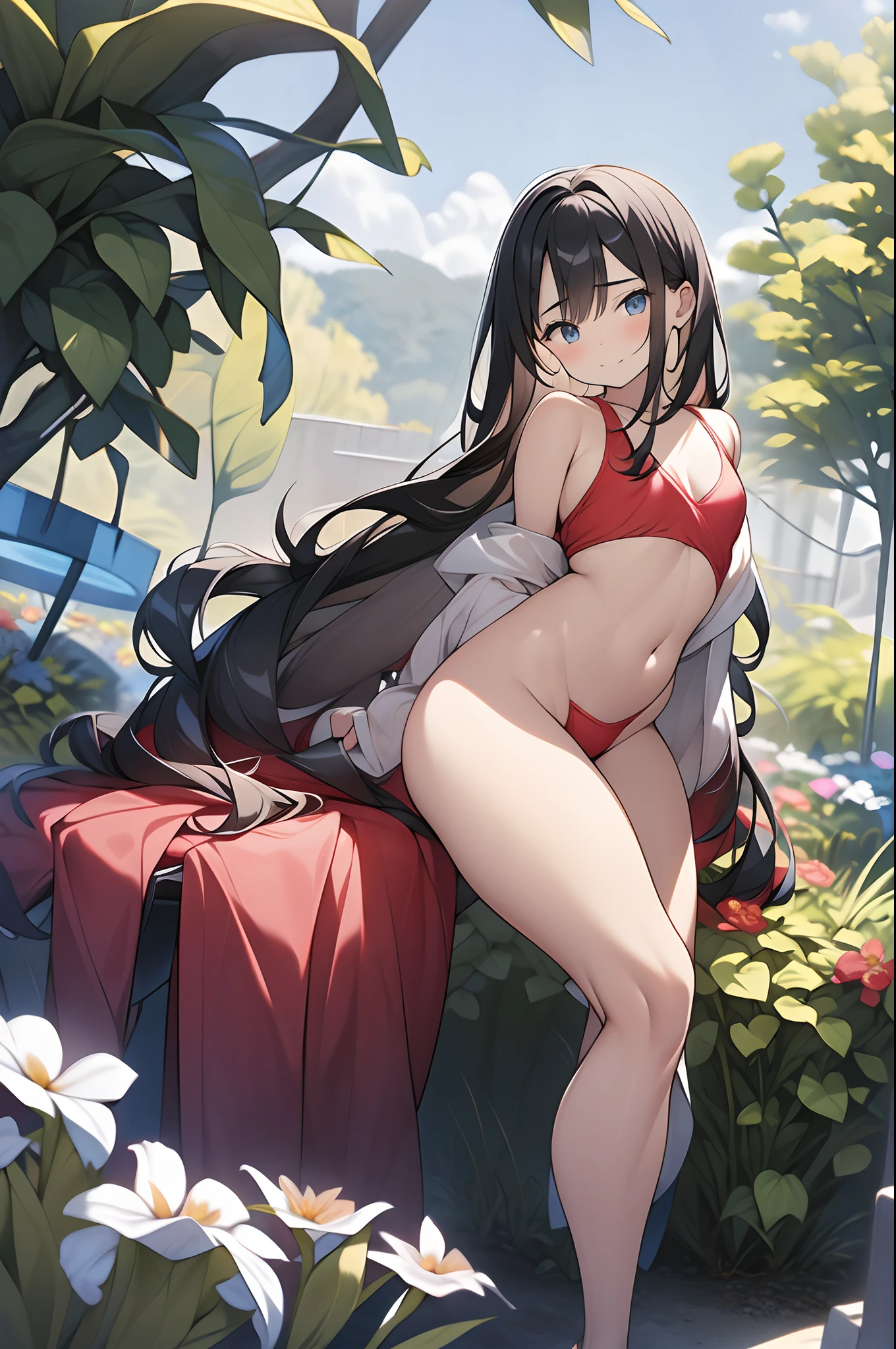 A goddess of love in her small garden, She is surrounded by beautiful flowers, Little angels and fairies accompany her. Su mirada revisa la dulzura, Se viste de forma luminosa y vaporosa. Su cuerpo es esbelto y espectacular. ((pechos grandes)) (cuerpo fitness)