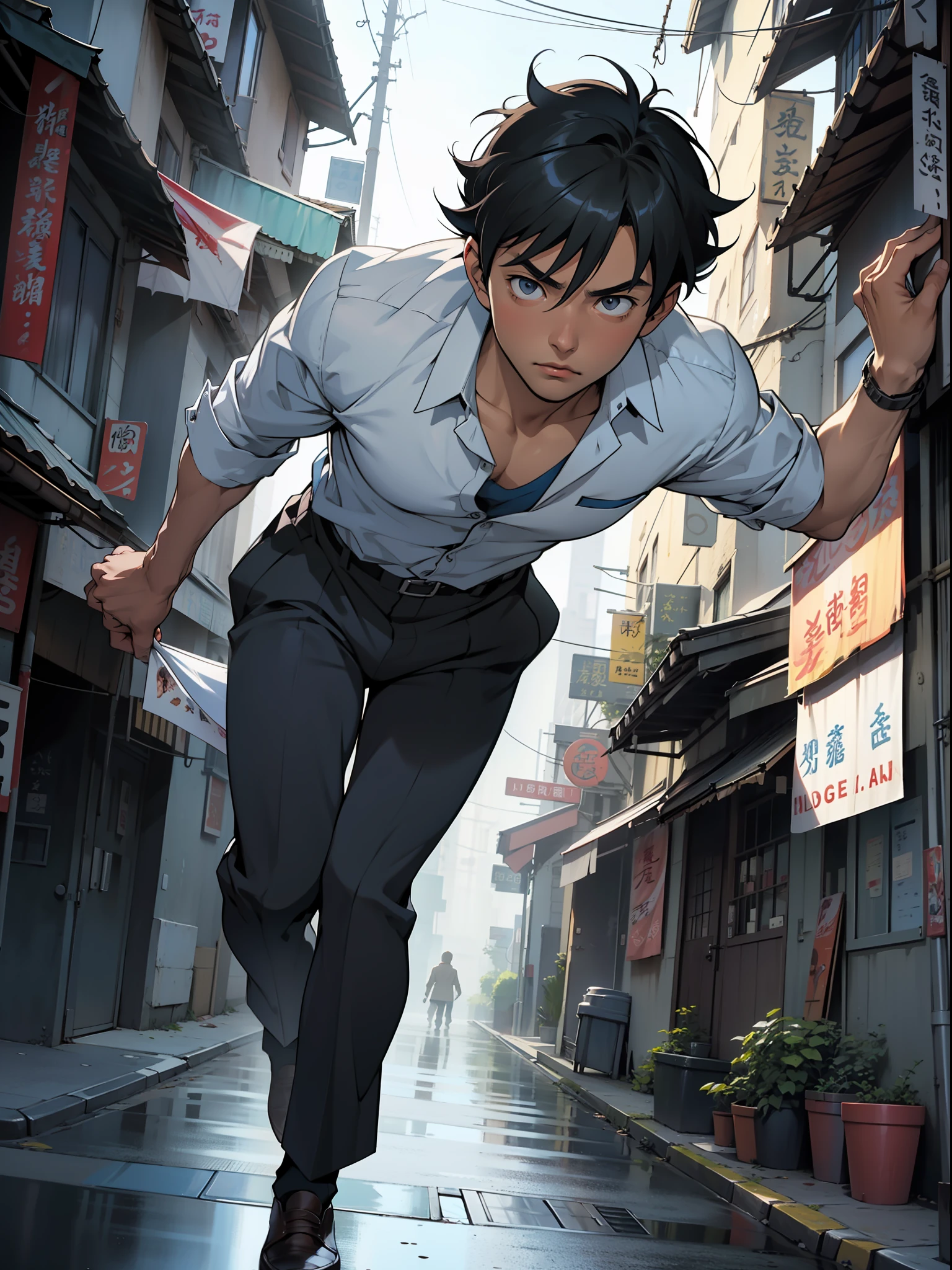 (Kudo Shinichi, shinichi kudo), the main protagonist of the series Detective Conan, Realistic, Photorealistic, (masterpiece:1,5), urban background, concept art, intricate detail, high detail, photo realistic, octane render, dynamic poses, (face realistic : 1.1), (hyperrealistic:1.1), ((full_body 1:1)), (highly detailed background), not out of frame, Macro photography, Macro lens, Super detailed