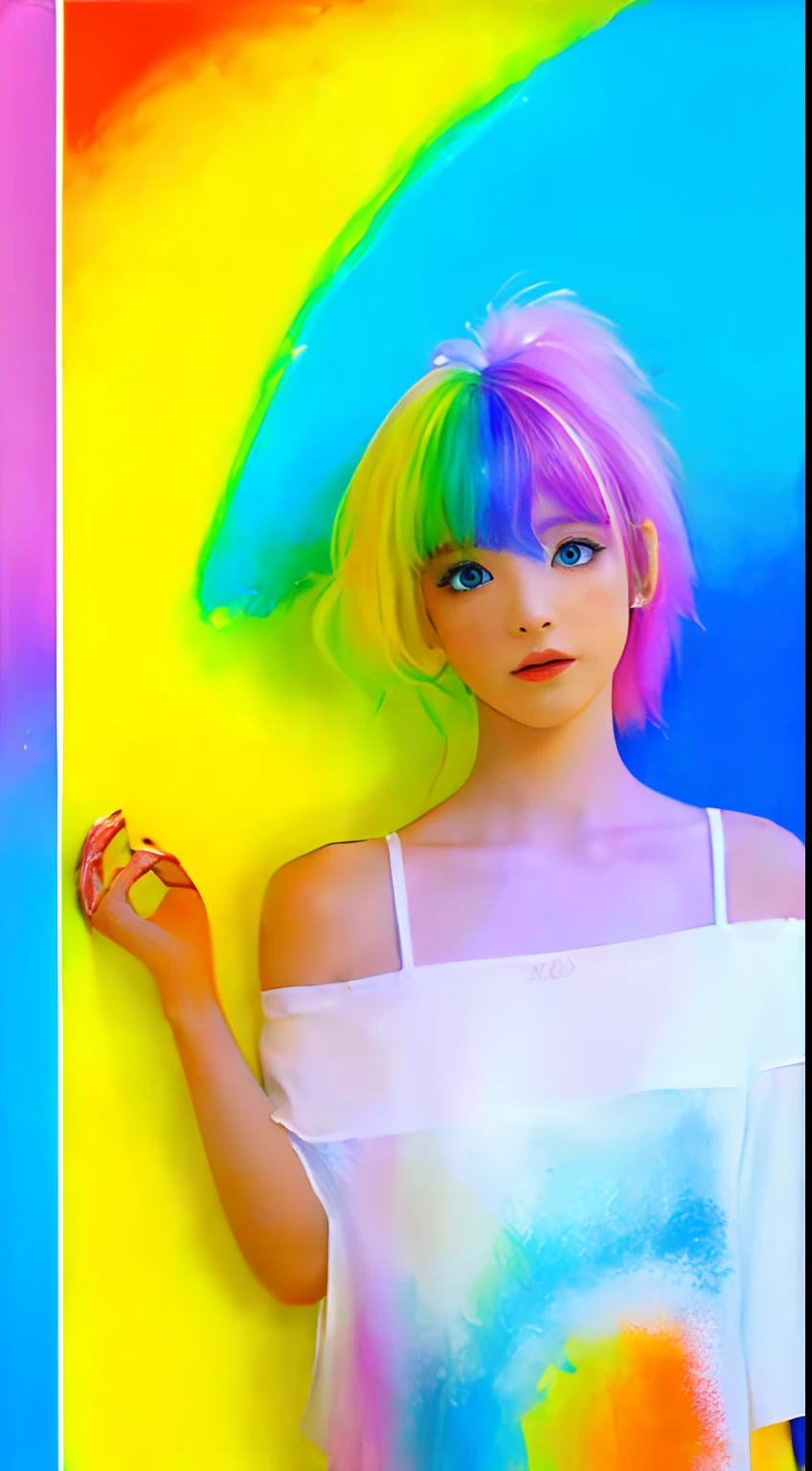 （Pink Fashion T-shirt：1.9），(Colorful hair: 1.8), (all the colours of the rainbow: 1.8),(((((vertical painting：1.6))), （painting：1.6），front, comics, illustrations, paintings, large eyes, crystal clear eyes,（ rainbow color gradient high ponytail：1.7）, exquisite makeup, closed mouth,(Small Fresh: 1.5),(Wipe Chest: 1.6) ，long eyelashes, white off shoulder T-shirt,  White Shoulder Shirt，looking at the audience, large watery eyes, (rainbow colored hair：1.6), color splash, （solo：1.8）, color splash, color explosion, thick paint style, messy lines, ((shining))，(colorful), (colorful), (colorful), colorful, Thick Paint Style, (Splash) (Color Splash), Vertical Painting, Upper Body, Paint Splash, Acrylic Pigment, Gradient, Paint, Highest Image Quality, Highest Quality, Masterpiece, Solo, Depth of Field, Face Paint,  colorful clothes, (Elegant: 1.2), gorgeous,long hair, wind, (Elegant: 1.3), (Petals: 1.4)，(((masterpiece))),(((best quality))),((ultra-detailed)),(illustration),(dynamic angle),((floating)),(paint),((disheveled hair)),(solo),(1girl) , (((detailed anima face))),((beautiful detailed face)),collar,bare shoulders,white hair, ((colorful hair)),((streaked hair)),beautiful detailed eyes,(Gradient color eyes),(((colorful eyes))),(((colorful background))),(((high saturation))),(((surrounded by colorful splashes))),