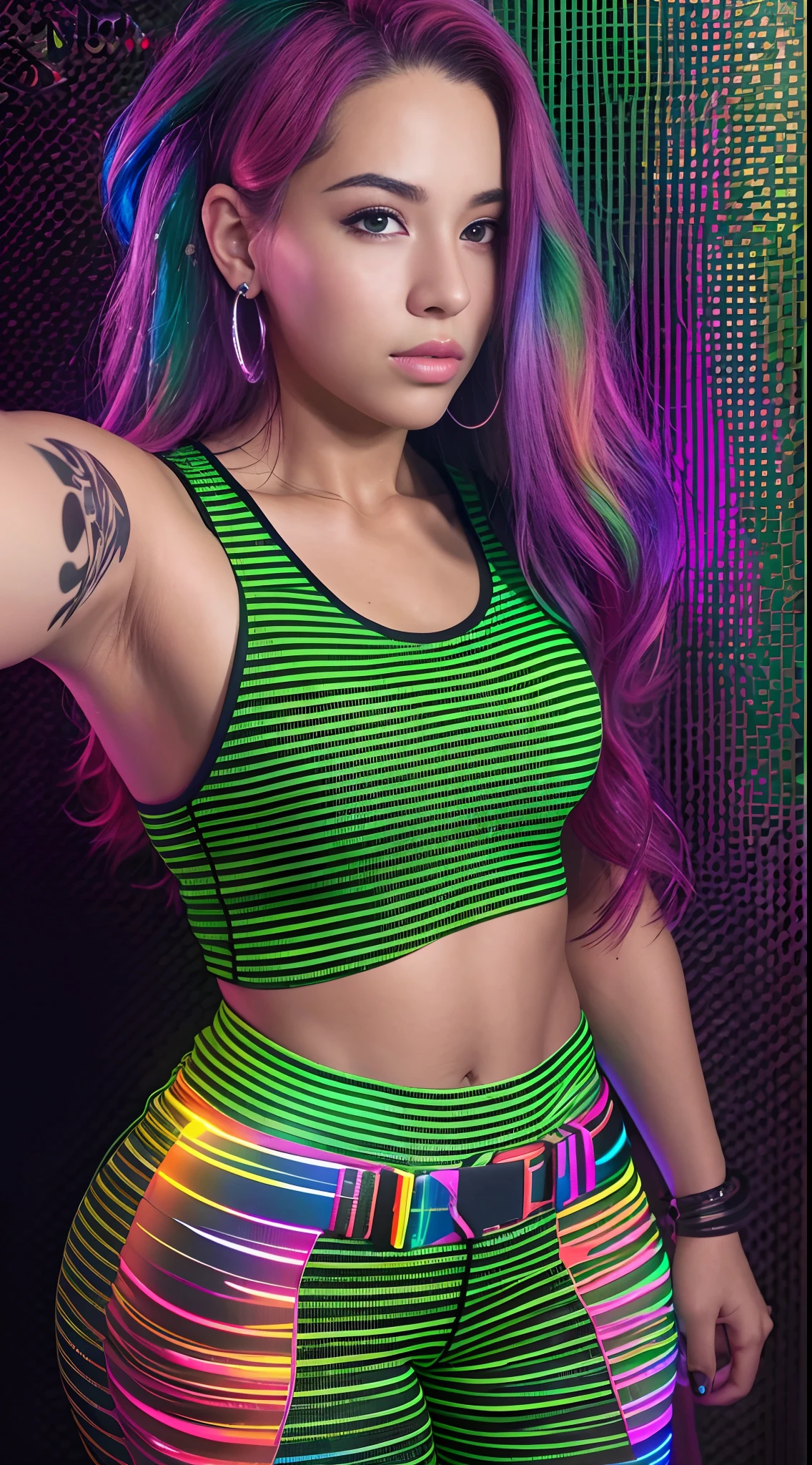 Arafed woman with long rainbow hair and a neon cyberpunk tank top, retrato, Ela tem um rosto bonito, Imagens da Webcam, clivagem, peituda, sexy look at the camera, Fotografado na webcam, 4 8 0 p, 480p, Seu peito, she's facing the camera, gorgeous female, fundo do clube de discoteca, RGB, LED Rave Lighting