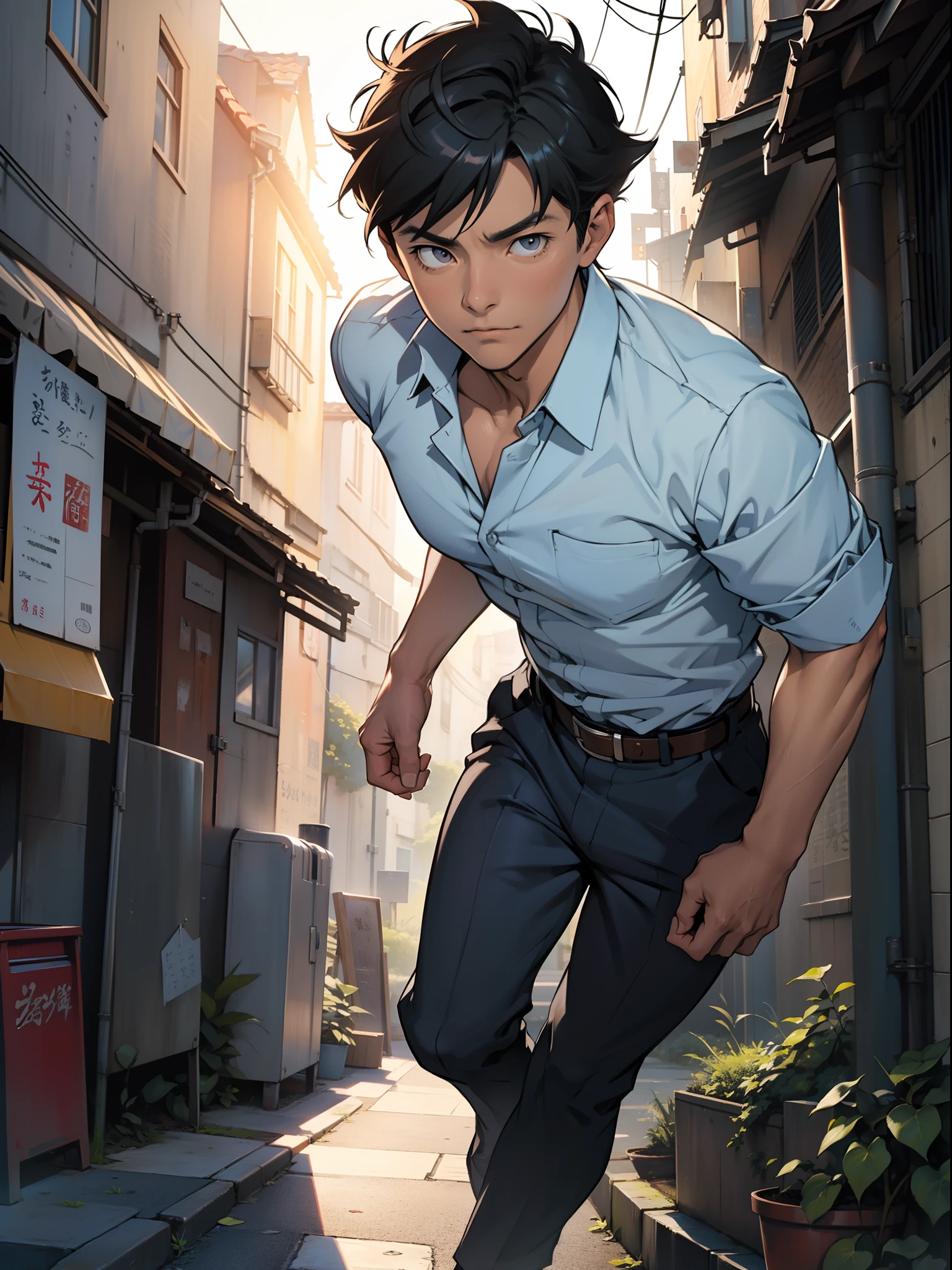 (Kudo Shinichi, shinichi kudo), the main protagonist of the series Detective Conan, Realistic, Photorealistic, (masterpiece:1,5), urban background, concept art, intricate detail, high detail, photo realistic, octane render, dynamic poses, (face realistic  : 1.1), (hyperrealistic:1.1), ((full_body 1:1)), (highly detailed background), not out of frame, Macro photography, Macro lens, Super detailed