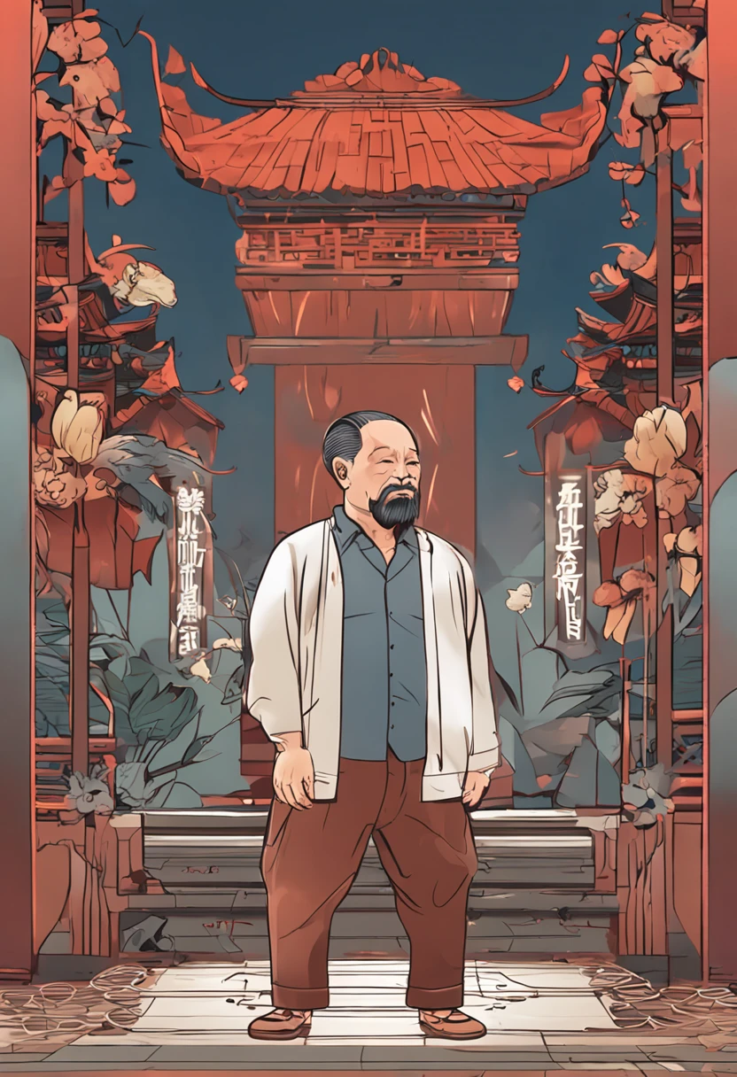 Chinese men，age 55，Full body portrait of a handsome middle-aged melancholic king，Black smooth back hair and trimmed stubble, Wear blue shorts, tanned, Bronzed skin, Barefoot, full bodyesbian, underwear:1.3,