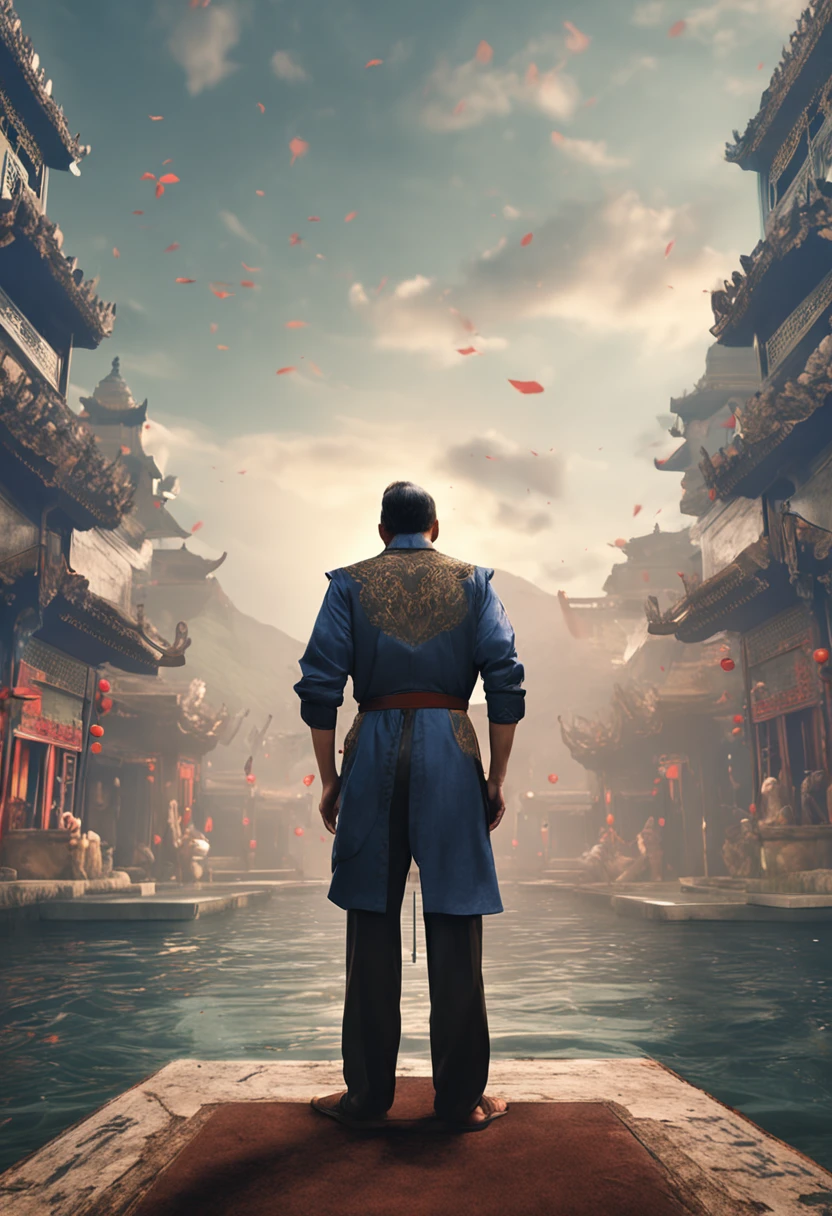 Chinese men,age 55,Full body portrait of a handsome middle-aged melancholic king,Black smooth back hair and trimmed stubble, Wear blue shorts, tanned, Bronzed skin, Barefoot, full bodyesbian, underwear:1.3,