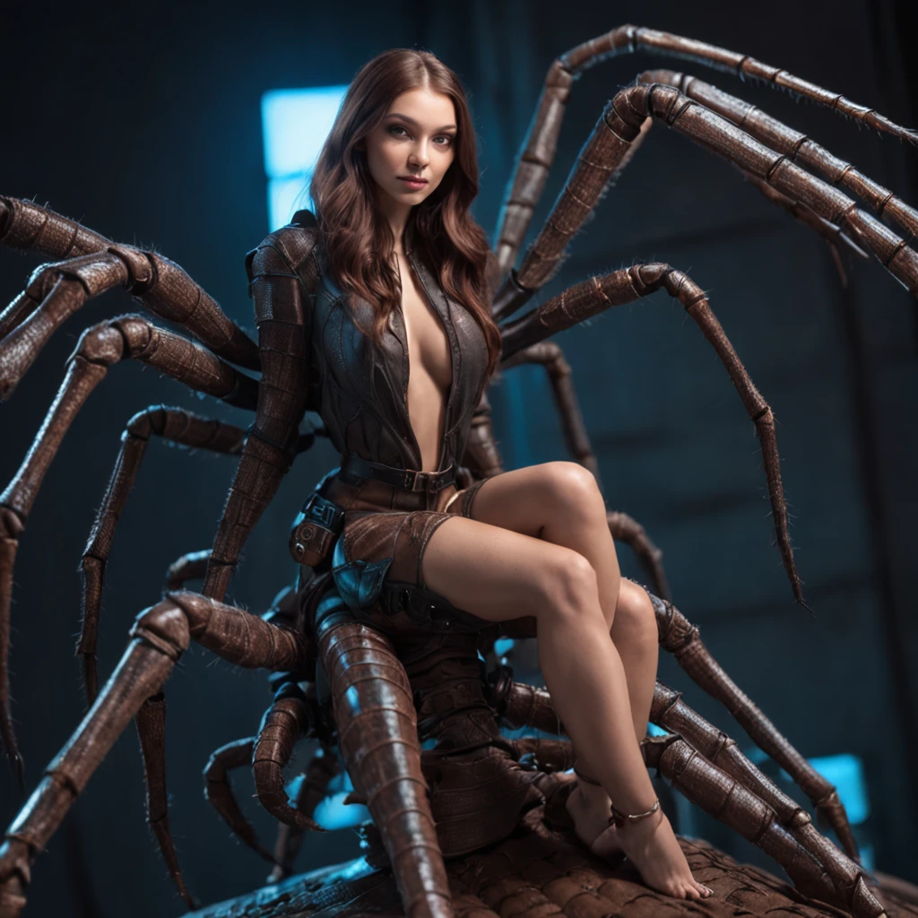 a woman sitting on top of a giant spider, cyberpunk art, inspired by Greg Hildebrandt, 3 d neon art of a womens body, style of karol bak, cartoon artstyle, beautiful avatar pictures, emma frost, spiders, greg hildebrandt highly detailed, alien room background, portrait shot, maxim verehin stained glass, spider