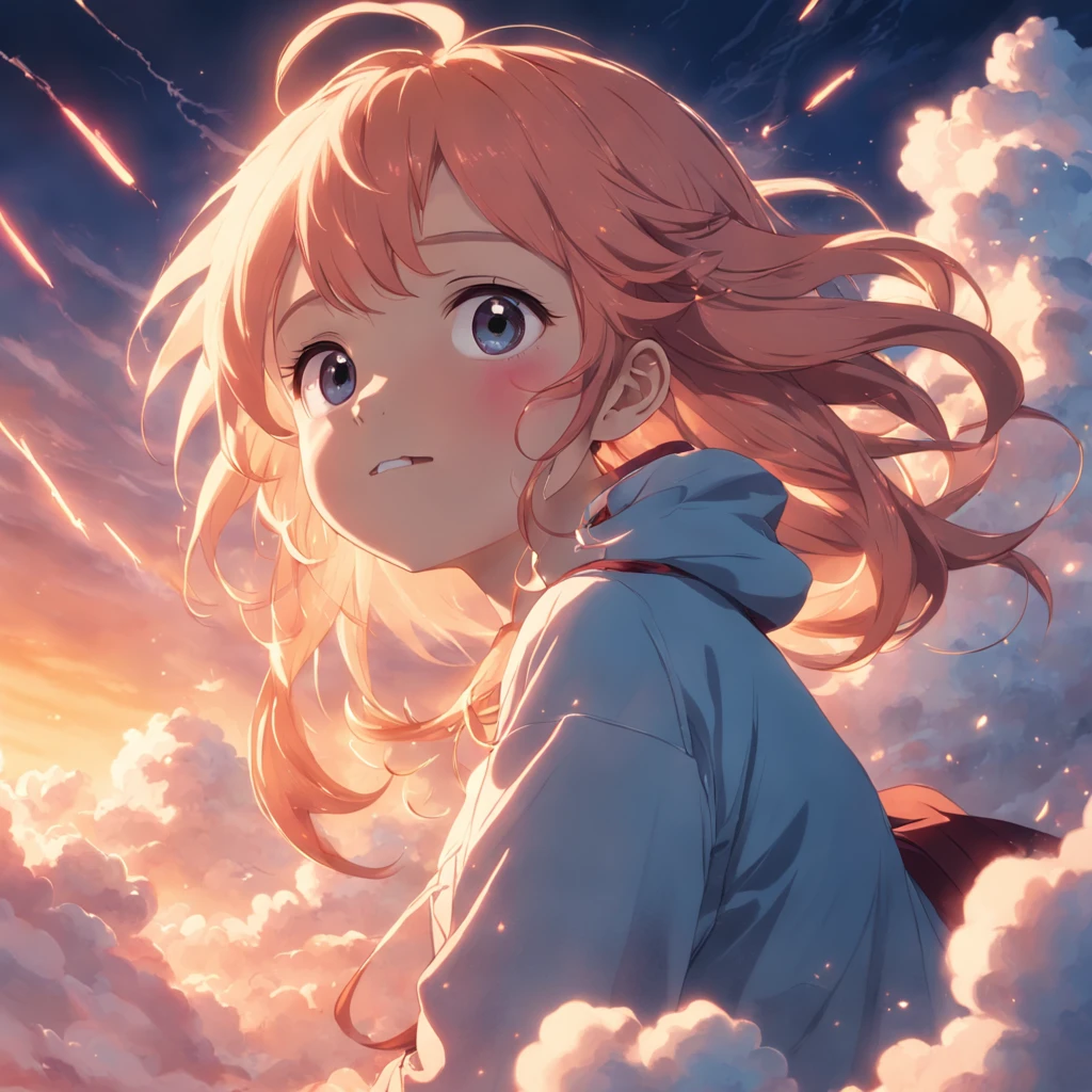 masterpiece, best quality, movie still, 1girl, cloud girl, floating in the sky, close-up, bright, happy, warm soft lighting, sunset, (sparks:0.7)