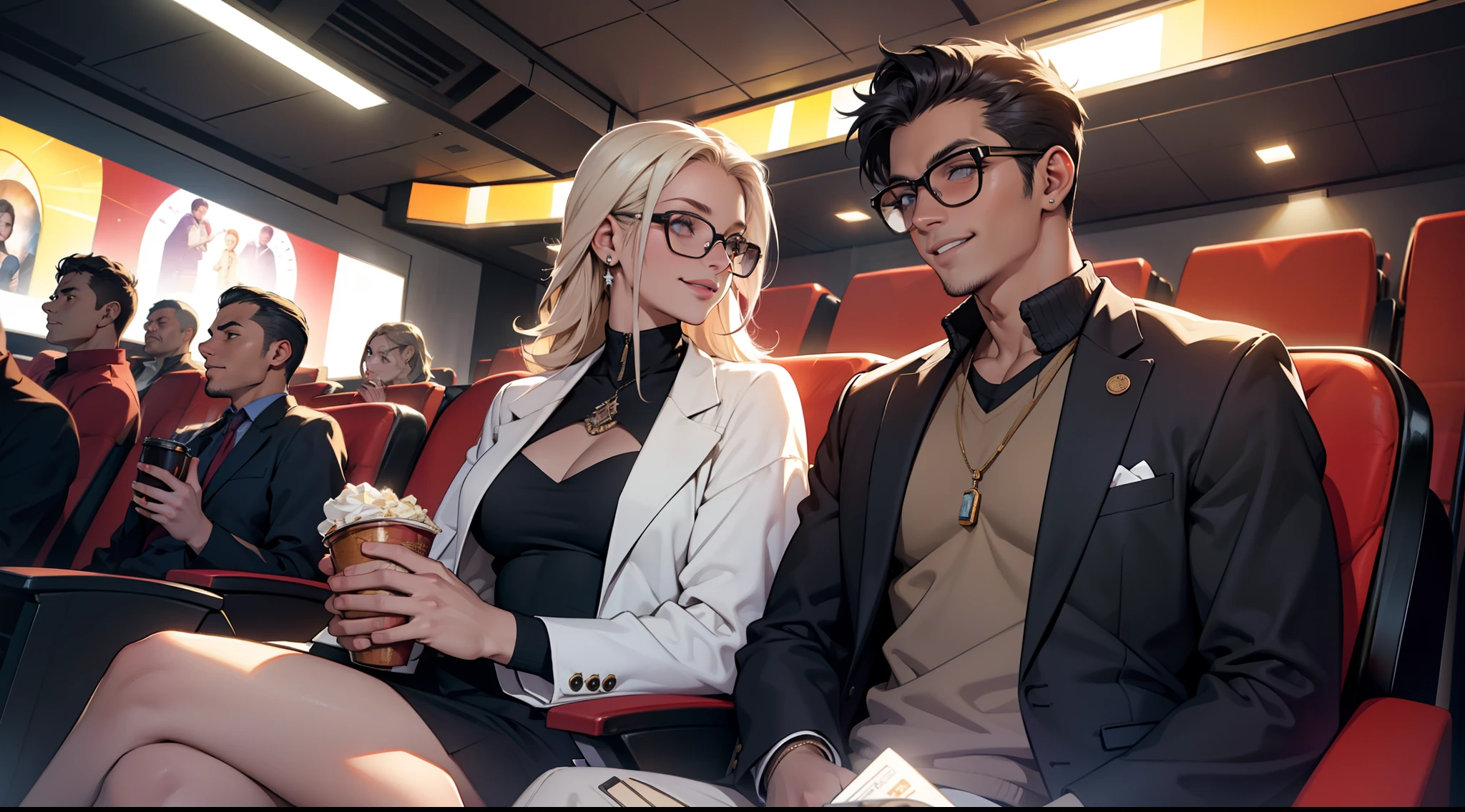 uma imagem de um casal, a garota com cabelos loiros, muito bonita, friendly and smiling, vestindo uma casaco, She's sitting next to a light-skinned young man, Friendly wearing jacket with sunglasses, ambos comendo pipocas, in a movie theater watching a movie playing, sozinhos, sem outras pessoas na sala, Classic theatre style cinema with many armchairs side by side, imagem detalhada, 8K, rostos detalhados