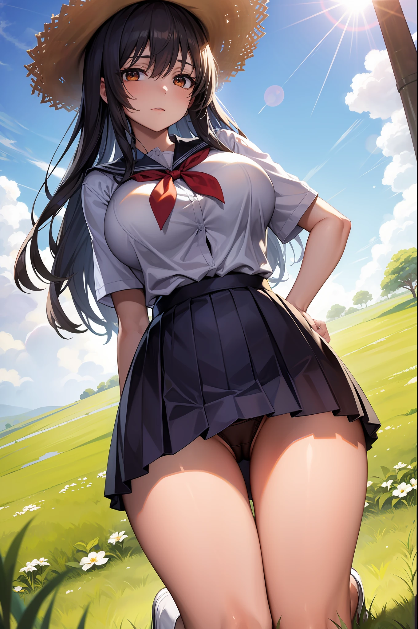 Detailed face, Long eyelashes, Detailed eyes,,(Long straight hair: 1.3), (Brown eyes: 1.3),largeeyes (hair orange: 1.2),Slim, and huge hips,Bigchest,huge tit,The chest is a 36D cup,From the angle from below, grassy fields,rays of sunshine,Squinted eyes,There is love in the eyes,Put your hands behind your back,Kneel on the grass,Pleasant,Wear a school uniform,Short pleated skirt,Wearing a straw hat,The reveal panties,Close-up of panties