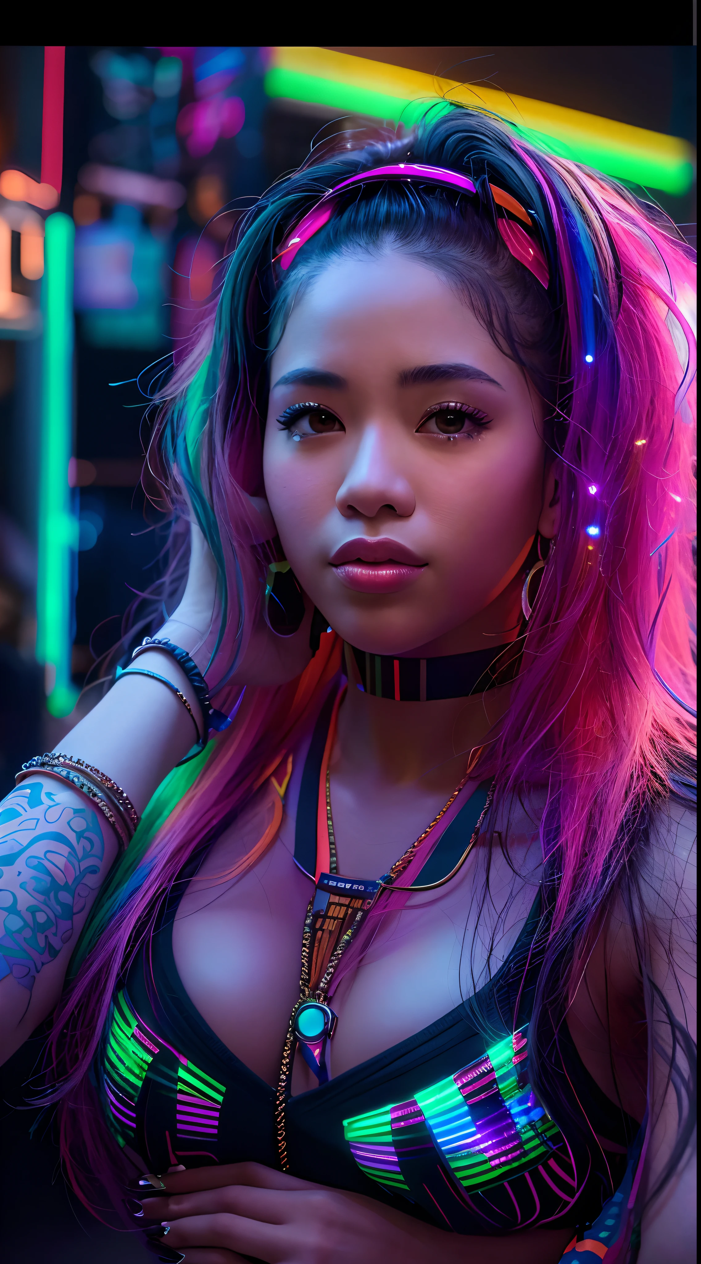 mulher arafed ((Asian African American))de perfil,with long rainbow hair and a neon cyberpunk tank top, retrato, Ela tem um rosto bonito, Imagens da Webcam, clivagem, peituda, sexy look at the camera, Fotografado na webcam, 4 8 0 p, 480p, Seu peito, she's facing the camera, gorgeous female, fundo do clube de discoteca, RGB, LED Rave Lighting, fundo a noite neon