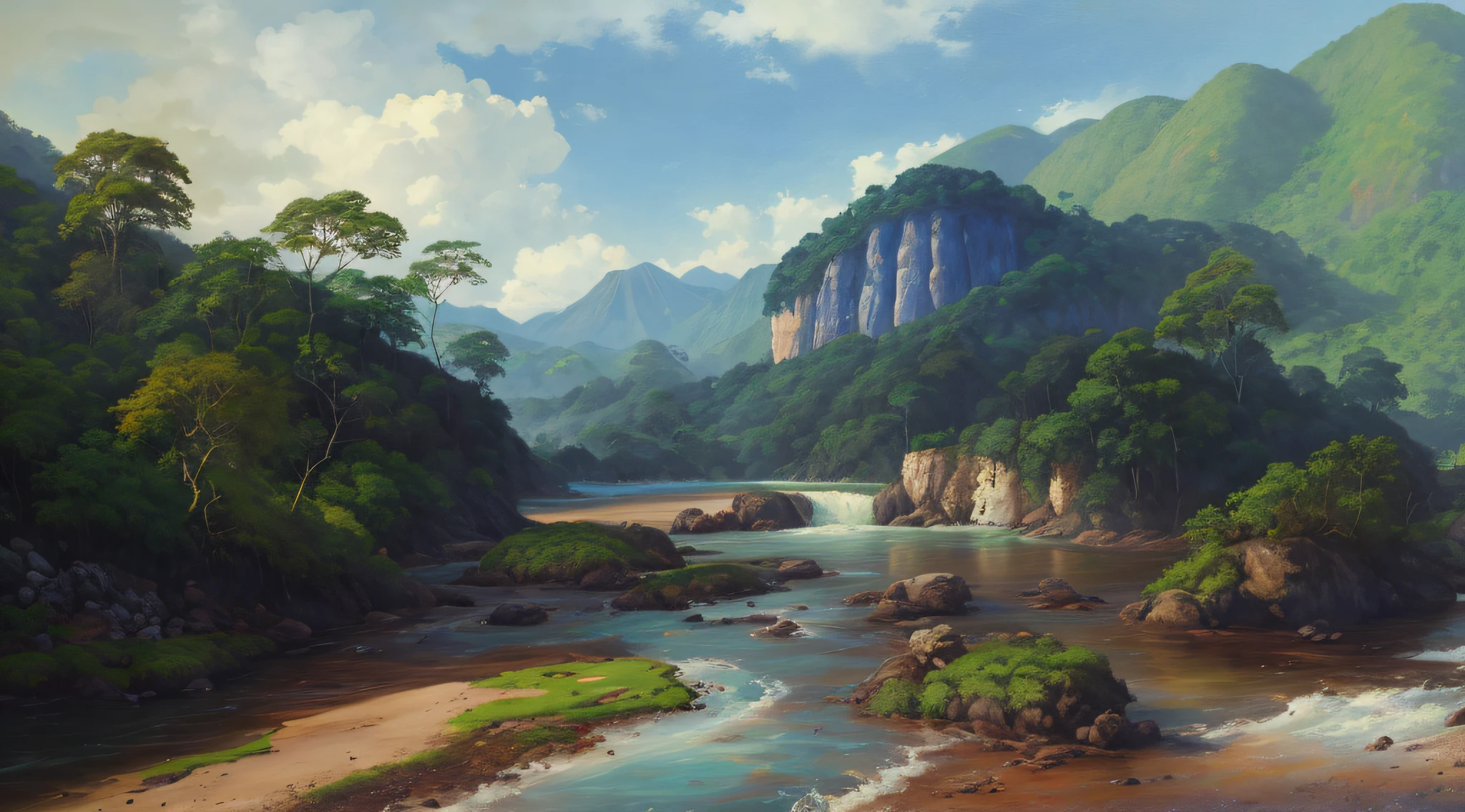 pintura de um rio que atravessa um vale verde exuberante com montanhas ao fundo, colinas fluidas, 8k resolution digital painting, 8k resolution digital painting, Pintura digital 4K, Pintura digital 4k, pintura digital detalhada, baixo detalhamento. pintura digital, Pintura Digital de Alto Detalhe, peaceful landscape, rio, trees and hills, pintura detalhada 4K, pintura digital 4k
