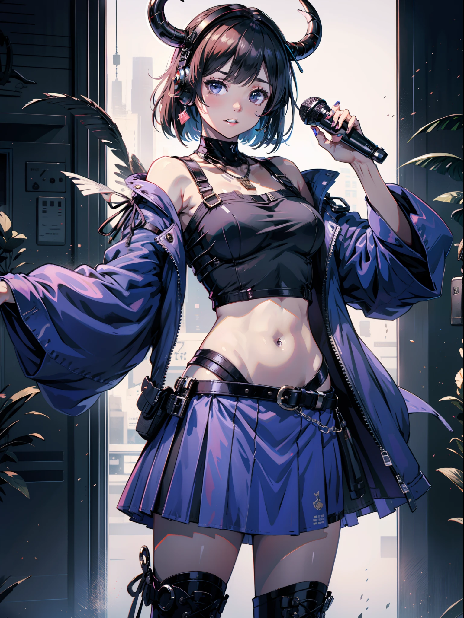 Woman in purple costume holding microphone、It has horns like sheep、Wearing a necklace、Wearing headphones in your ears、hard rock、Wearing a camisole、Wearing a skirt with a black belt、Little devil composition、short-cut、With sleeves、Shoulder out、Wearing boots that show the navel、Paleo wearing、singers、Double teeth are visible、Long skirt、Front photo of the whole body、Setting image、Front composition