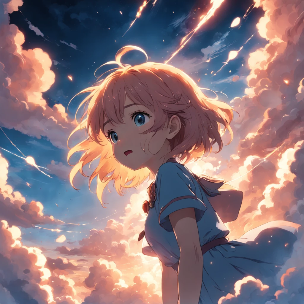 masterpiece, best quality, movie still, 1girl, cloud girl, floating in the sky, close-up, bright, happy, warm soft lighting, sunset, (sparks:0.7)