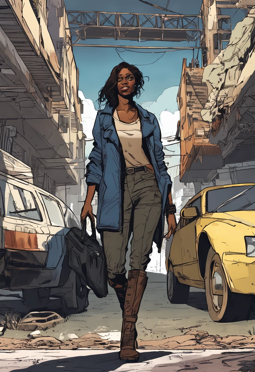 Gone were the tattered and makeshift garments of her raider days. Instead, Emma now donned clothes that reflected her individuality and the new path she had chosen. She wore a simple yet stylish outfit consisting of a fitted jacket in a deep shade of blue, layered over a comfortable black shirt. Her pants were a sleek, dark denim that offered both functionality and style. The clothes were carefully chosen to be both practical for the wasteland and reflective of her unique personality.