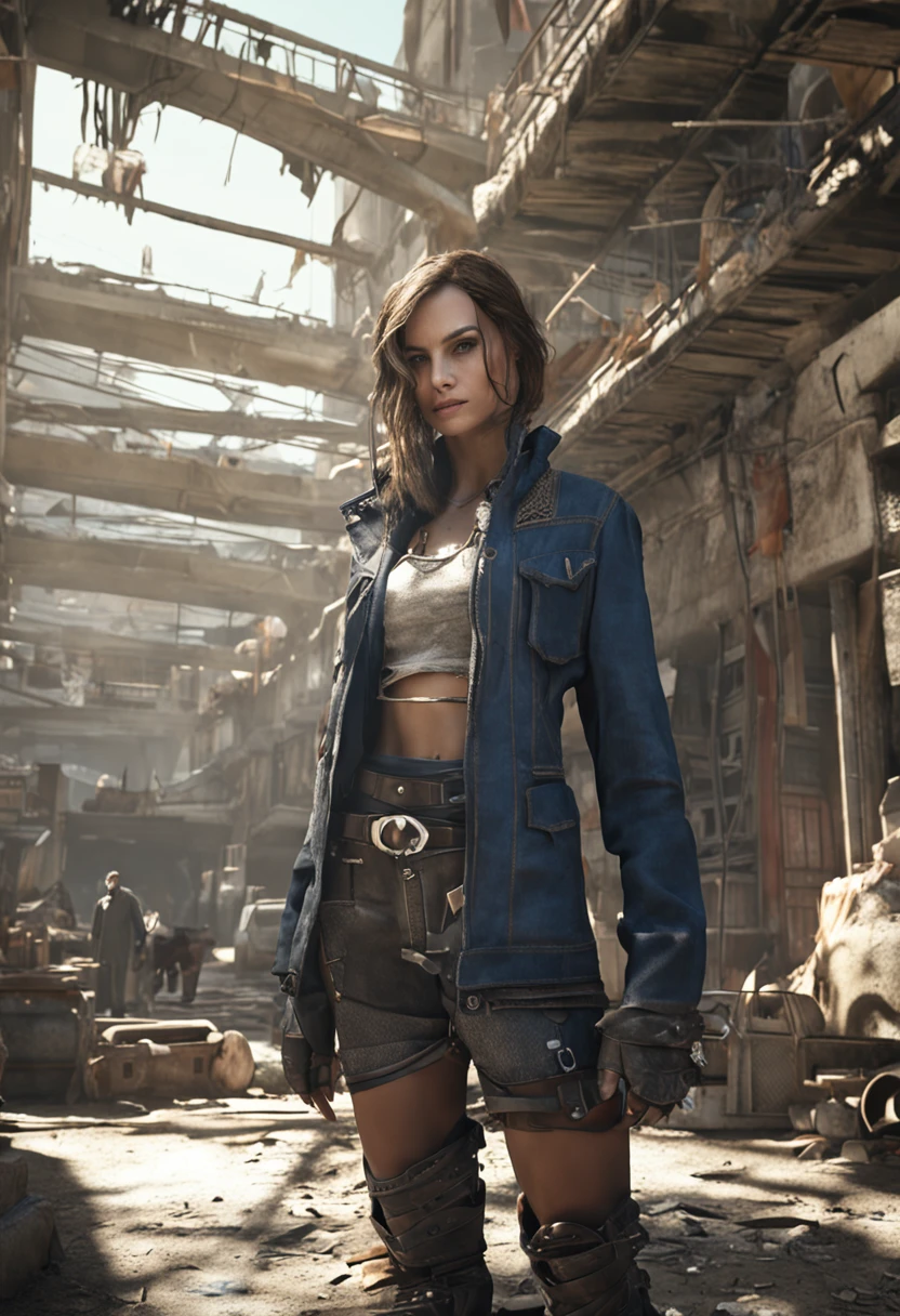 Gone were the tattered and makeshift garments of her raider days. Instead, Emma now donned clothes that reflected her individuality and the new path she had chosen. She wore a simple yet stylish outfit consisting of a fitted jacket in a deep shade of blue, layered over a comfortable black shirt. Her pants were a sleek, dark denim that offered both functionality and style. The clothes were carefully chosen to be both practical for the wasteland and reflective of her unique personality.