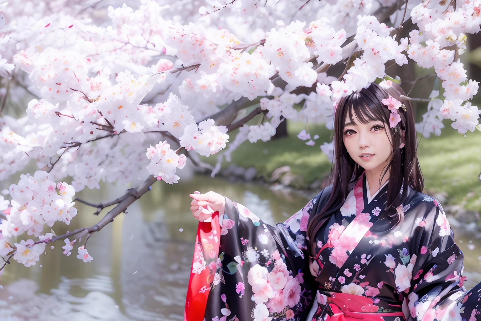 Woman in kimono dress posing for photo, A Japanese style, in a kimono, A Japanese Lady, sakura season, japanese kimono, Wearing kimono, under a cherry blossom tree, Wearing a kimono, in a kimono, japanese related with flowers, an elegant woman, beautiful girls face, goddes, Komono, wearing royal kimono