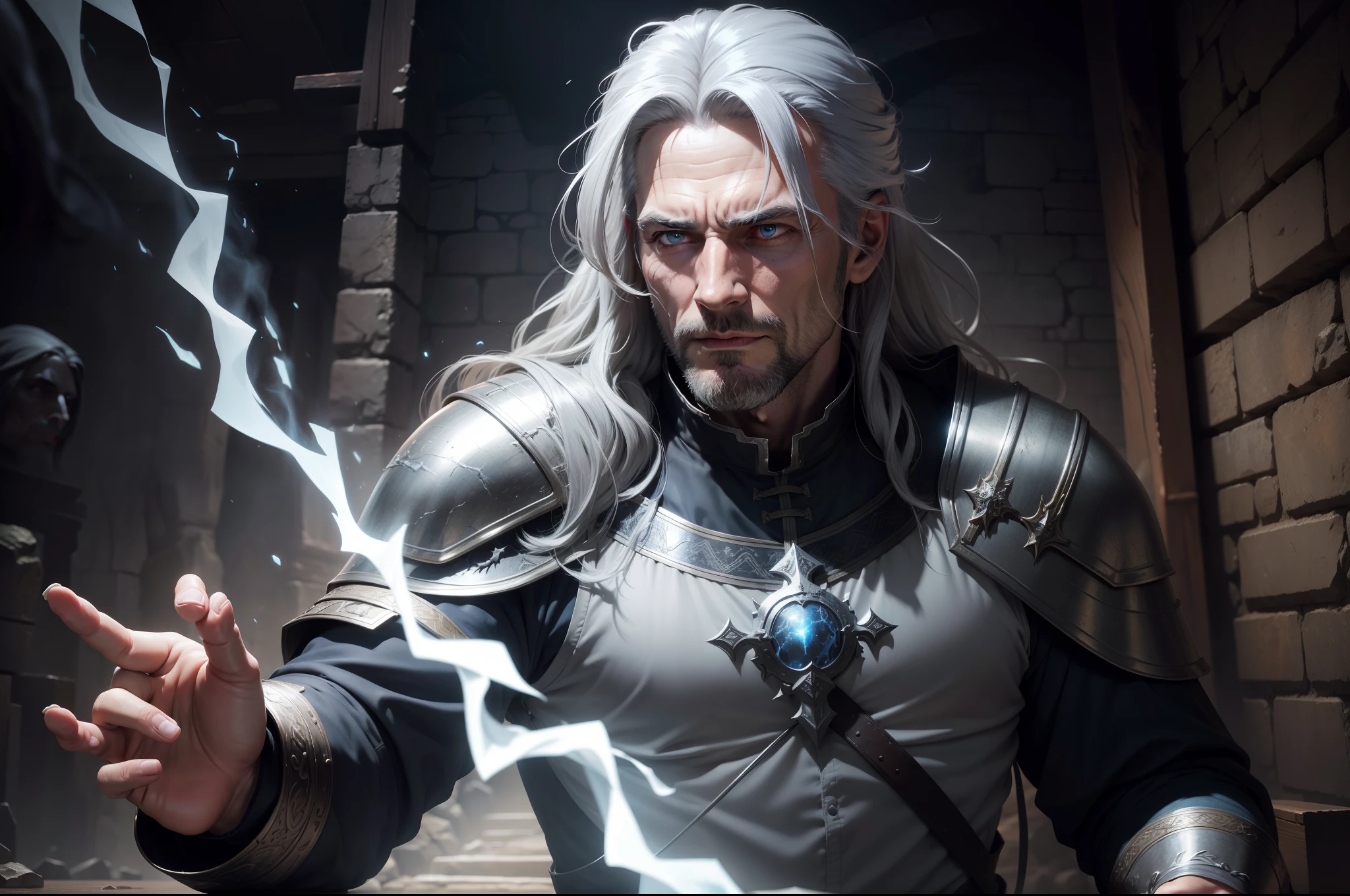 Realistic 8k image of a 35-year-old man, with long, gray hair, dressed in dark cleric clothes and with silver shoulder pads, with a bluish aura around his body, in a rustic, destroyed dungeon