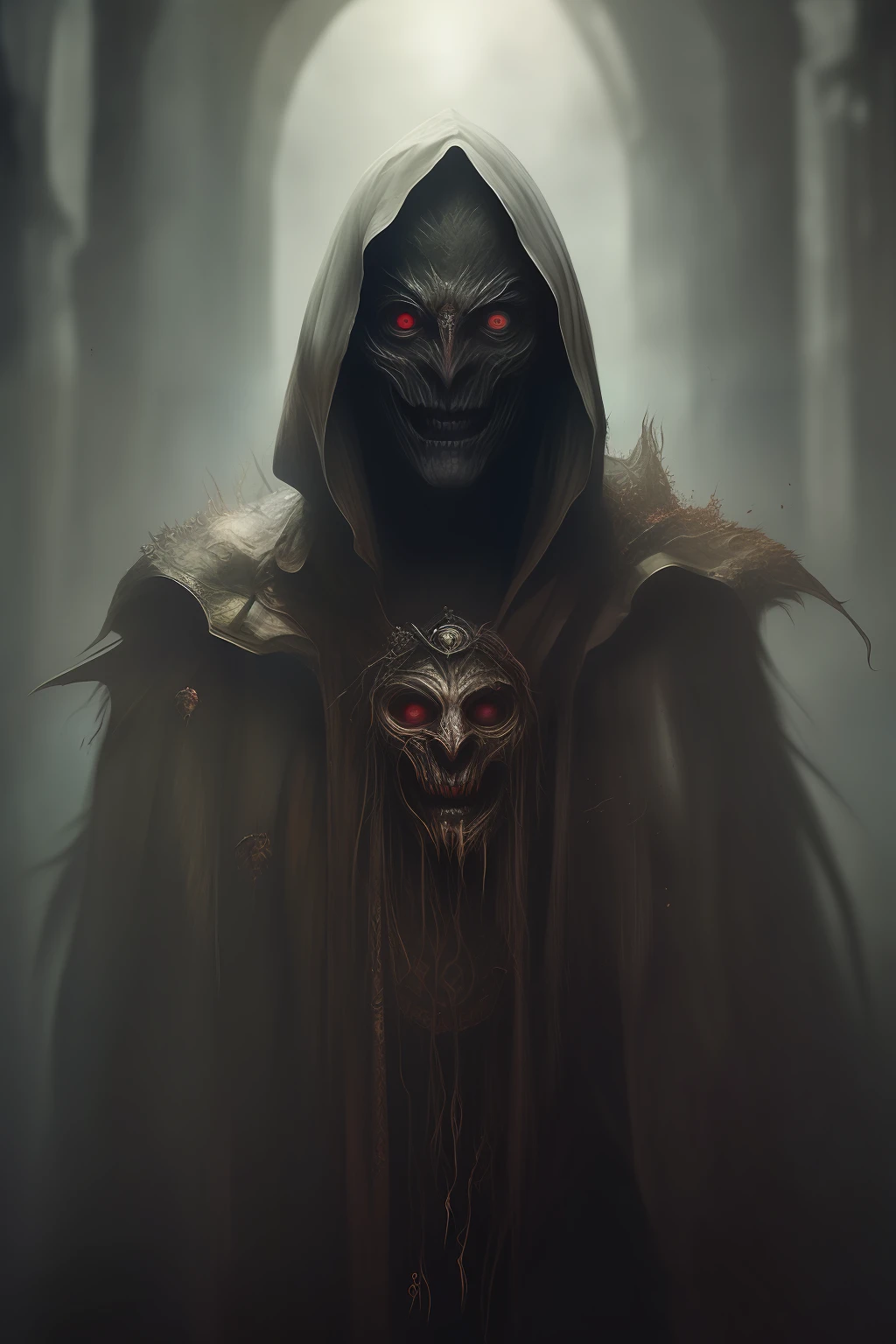mago escuro, capuz escuro, olhos vermelhos brilhantes, rosto escondido por sombras, demonic mask, fundo do tom escarlate, imagem sombria