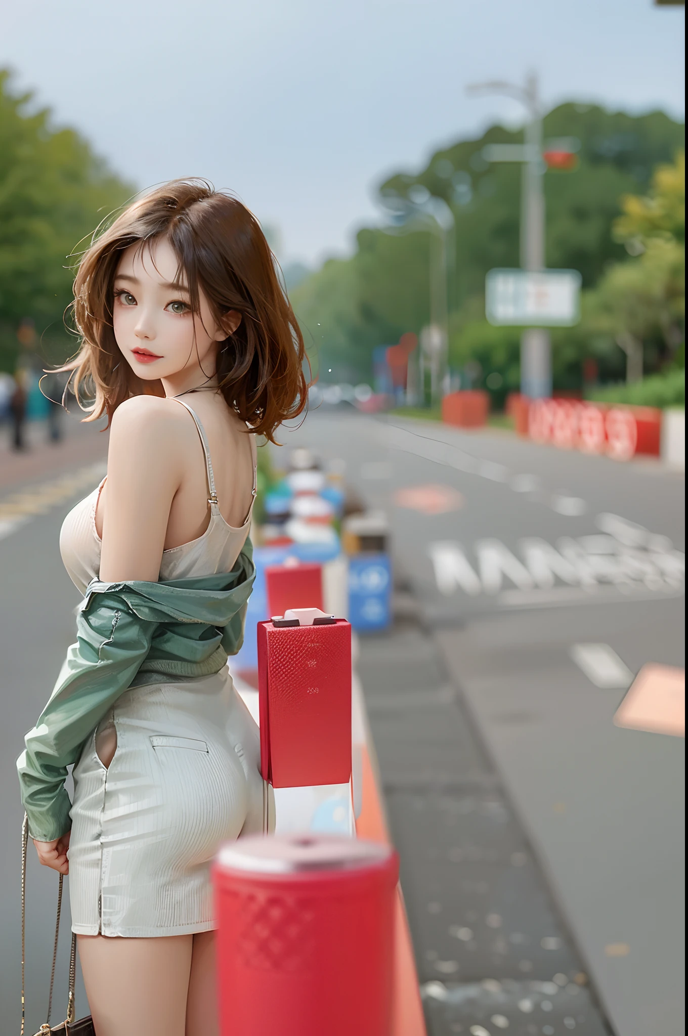 there is a woman standing on the side of the road, in city street, A young Asian woman, Sexy girl, shot in canon 50mm f/1.2, Young Asian girl, Photo taken with Sony A7R, Young Asian woman, over the shoulder, taken with canon eos 5 d mark iv, Asian girl, Attractive girl, Cute woman