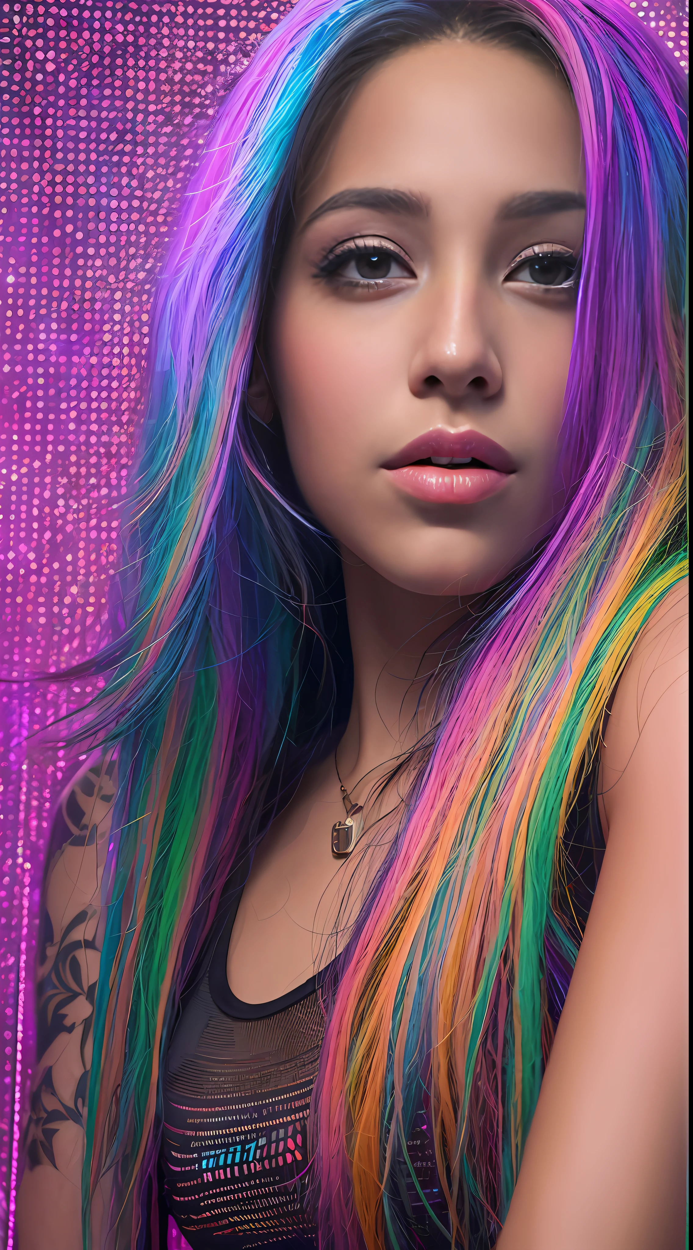 Arafed woman with long rainbow hair and a neon cyberpunk tank top, retrato, Ela tem um rosto bonito, Imagens da Webcam, clivagem, peituda, sexy look at the camera, Fotografado na webcam, 4 8 0 p, 480p, Seu peito, she's facing the camera, gorgeous female, fundo do clube de discoteca, RGB, LED Rave Lighting