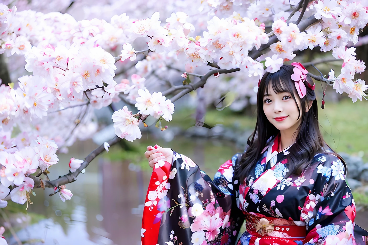 Woman in kimono dress posing for photo, A Japanese style, in a kimono, A Japanese Lady, sakura season, japanese kimono, Wearing kimono, under a cherry blossom tree, Wearing a kimono, in a kimono, japanese related with flowers, an elegant woman, beautiful girls face, goddes, komono, wearing royal kimono