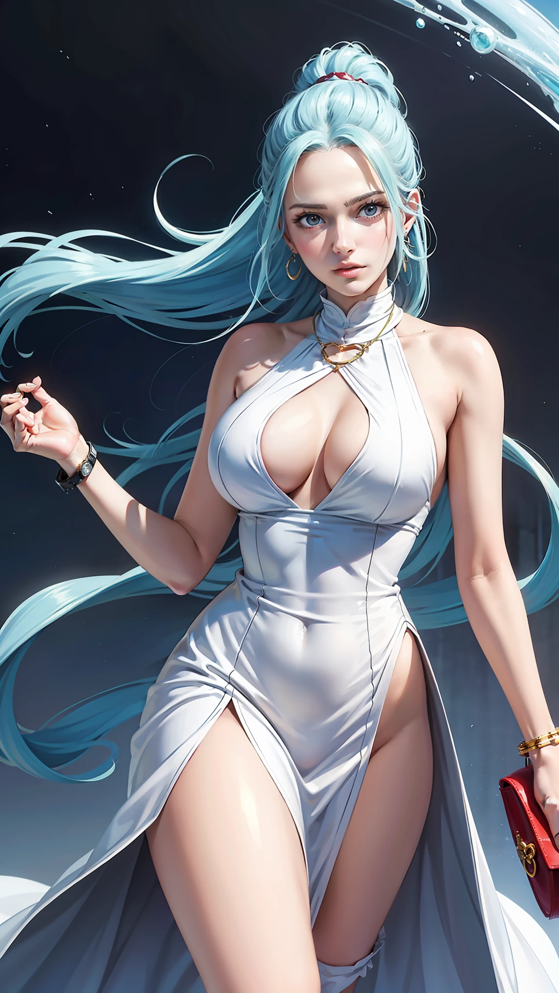 vivi from anime one piece, long hair, light blue hair, ponytail hair, perfect body, perfect breasts, beautiful woman, very beautiful, wearing a white dress, luxurious dress, expensive dress, very beautiful dress, wearing a handbag, wearing a watch , wearing earrings, walking the red carpet, Realism, masterpiece, textured skin, super detailed, high detailed, high quality, best quality, 1080P, HD, 16k