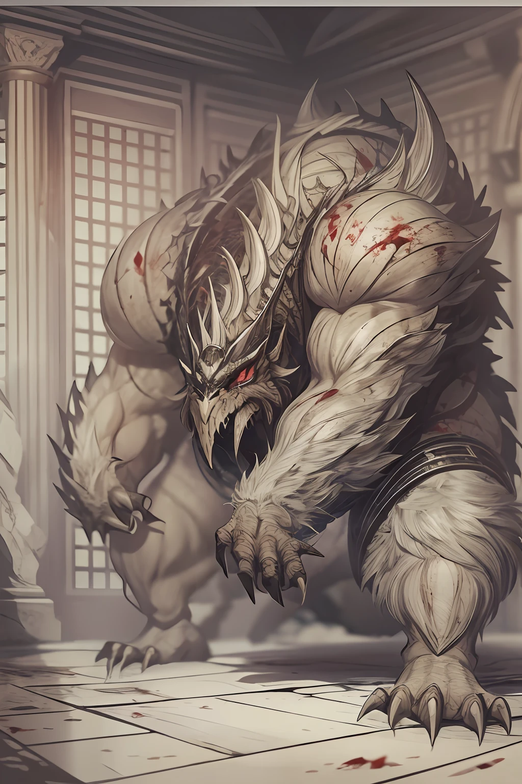 Standing drawings of game characters，Hell monsters，（（Super huge, Thick and sharp giant claws）），（（（Black antique hideous scales））），（（（The scales are covered with thick barbs））），（（Super thick and terrifying scales）），Wrap the whole body，（（Bloodthirsty and murderous devil man）），slaughter，Rush to kill，Dynamic lines，depth of fields，Ugly face，（There was blood everywhere），（（Blood dripped from between the paws）），stereoscopic perspective，Works of masters，super-fine，4K分辨率，high qulity，电影灯光，High picture detail，Look up from the bottom up，Ultra-wide viewing angle，Detailed pubic hair，Epic shooting