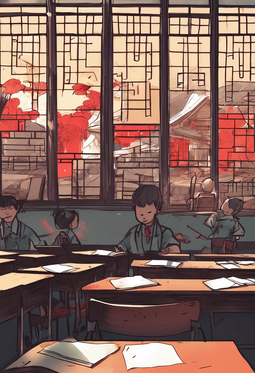 Chinese classroom in the 90s,Study the slogan every day,Empty and unoccupied,Sunlight floods the classroom through the windows,classroom desk,lectern,acne,blackboards,book,Mobile red flags,A tranquil