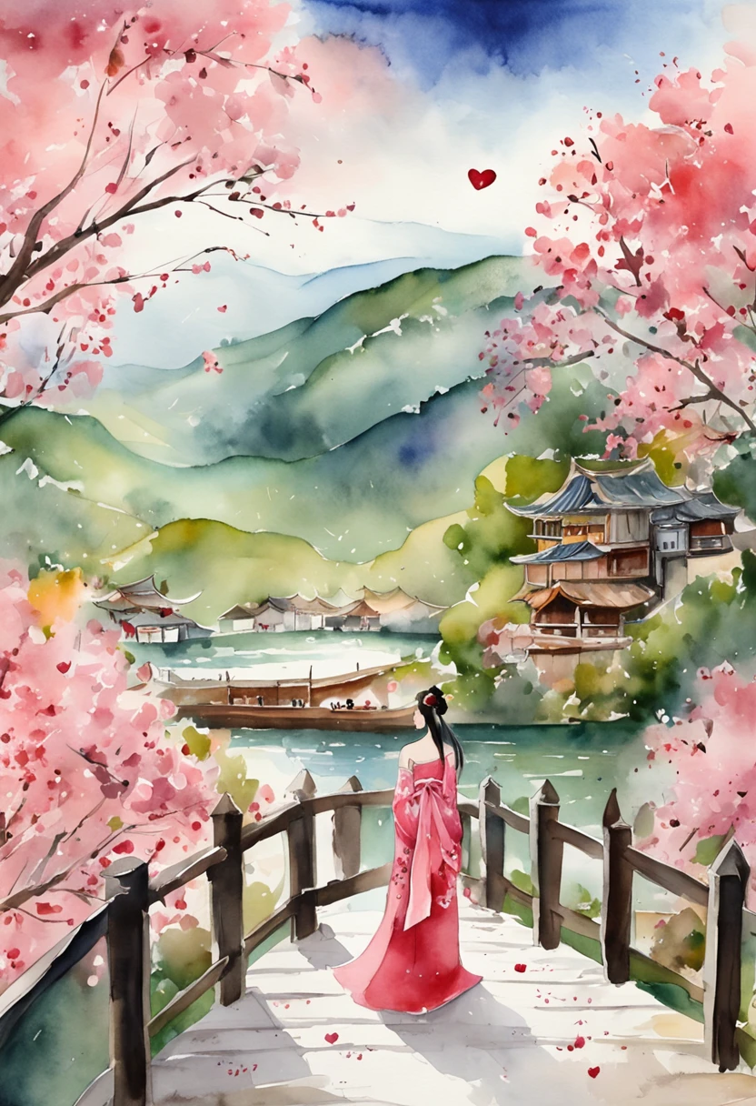 Tanabata Valentine's Day romantic poster，A couple kisses on a wooden bridge，Peach blossoms bloom on both sides of the river，Countless pink petals fell from the sky，Several magpies flew around in the sky，closeup cleavage