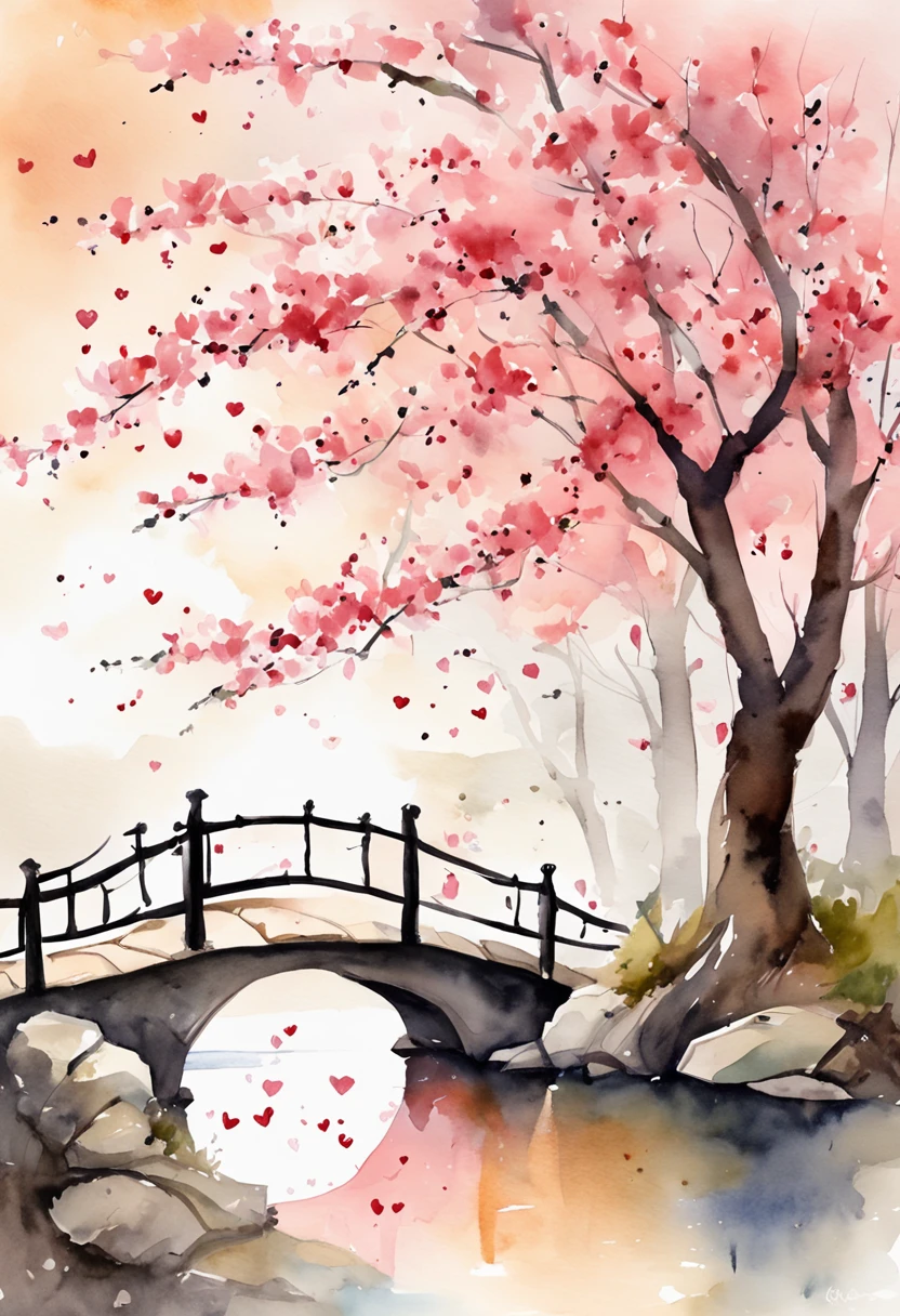 Tanabata Valentine's Day romantic poster,A couple kisses on a wooden bridge,Peach blossoms bloom on both sides of the river,Countless pink petals fell from the sky,Several magpies flew around in the sky,closeup cleavage