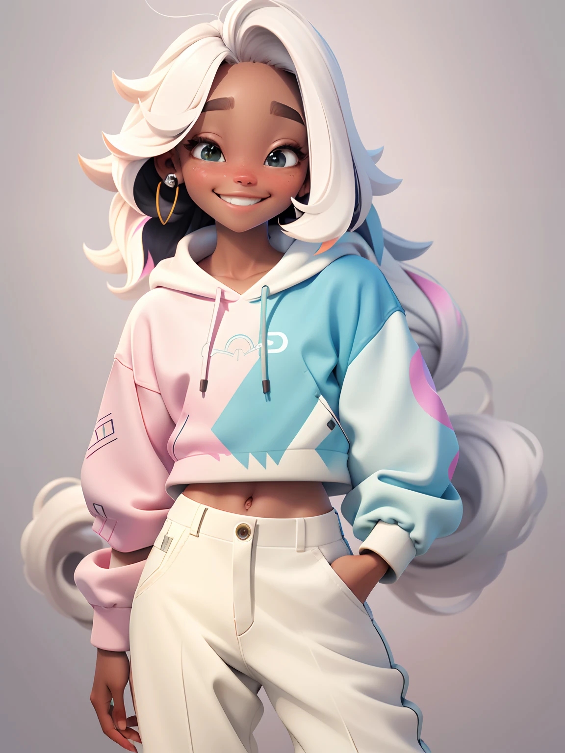 uma , corpo inteiro, cabelo longo, curto, enrolado, com fones de ouvido branco, sorriso branco, sweatshirt and pants, multicolorido, tridimensional, Miscellaneous color matching, using resolution