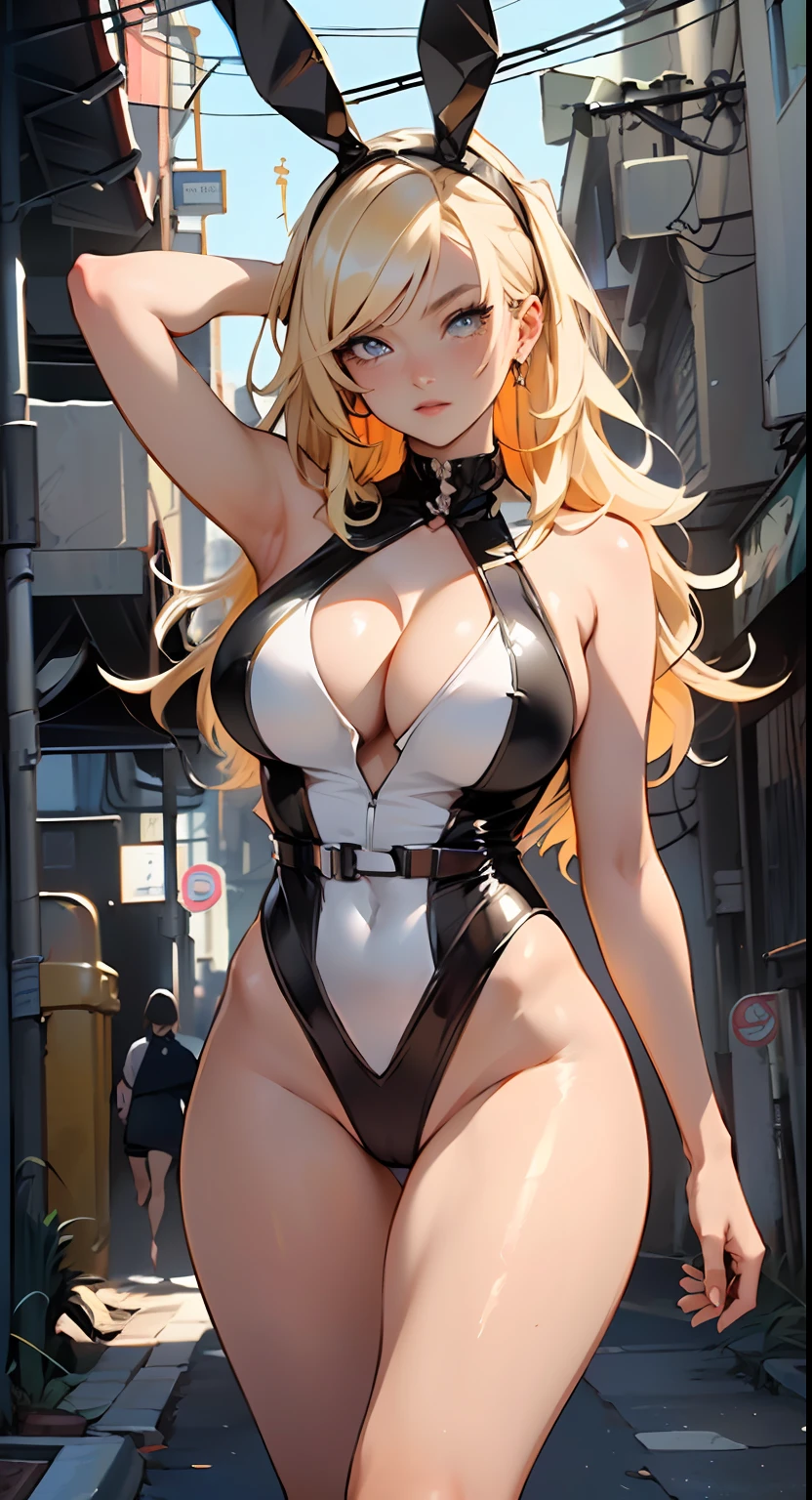 cute bunny girl,(((1girl))),((anime bunny girl with extremely cute and beautiful blonde hair walking seductively down the street)),(((bunny girl,anthro furry cute,bunny-girl))),(((bunny ears,bunny ears on head,big bunny ears))),
(large breasts:1.4),saggy breasts,(((blonde hair:1.35,colored inner hair,ear breathing,long hair))),((heterochromia,eye1 green eye2 orange,perfect eyes,upturned eyes:1.3,beautiful detailed eyes,finely detailed beautiful eyes:1,big highlight on eyes:1.2,slanted eyes)),((fat)),(((lustrous skin:1.5,bright skin: 1.5,skin tanned,shiny skin,very shiny skin,shiny body,plastic glitter skin,exaggerated shiny skin))),(spider lower abdomen,narrow waist,wide hip,athletic body,inflated legs,delicate detailed fingers,detailed body,detailed arms,human hands,(detailed face)),
cute,slutty,seductive,erotic,(((nsfw))),
(((slingshot swimsuit))),(((huge cleavage))),(detailed outfit,detailed clothes),
(dynamic pose:1.0),solo focus,embarrassed,centered,scale to fit dimensions,Rule of thirds,
outdoors,((night view)),(cyberpunk night street Background: 1.5,dark sky,alleyway,lonely alley,thick clouds,detailed background:1.25),
(best quality),(high resolution),(sharp focus),(ultra detailed),(extremely detailed),(extremely high quality artwork),8k_wallpaper,(extremely detailed CG 8k),(very fine 8K CG),((hyper super ultra detailed perfect piece)),flawless,(((masterpiece))),illustration,vibrant colors,(intricate),High contrast,Selective lighting,Double exposure,HDR (High Dynamic Range),Post-processing,Background blur,