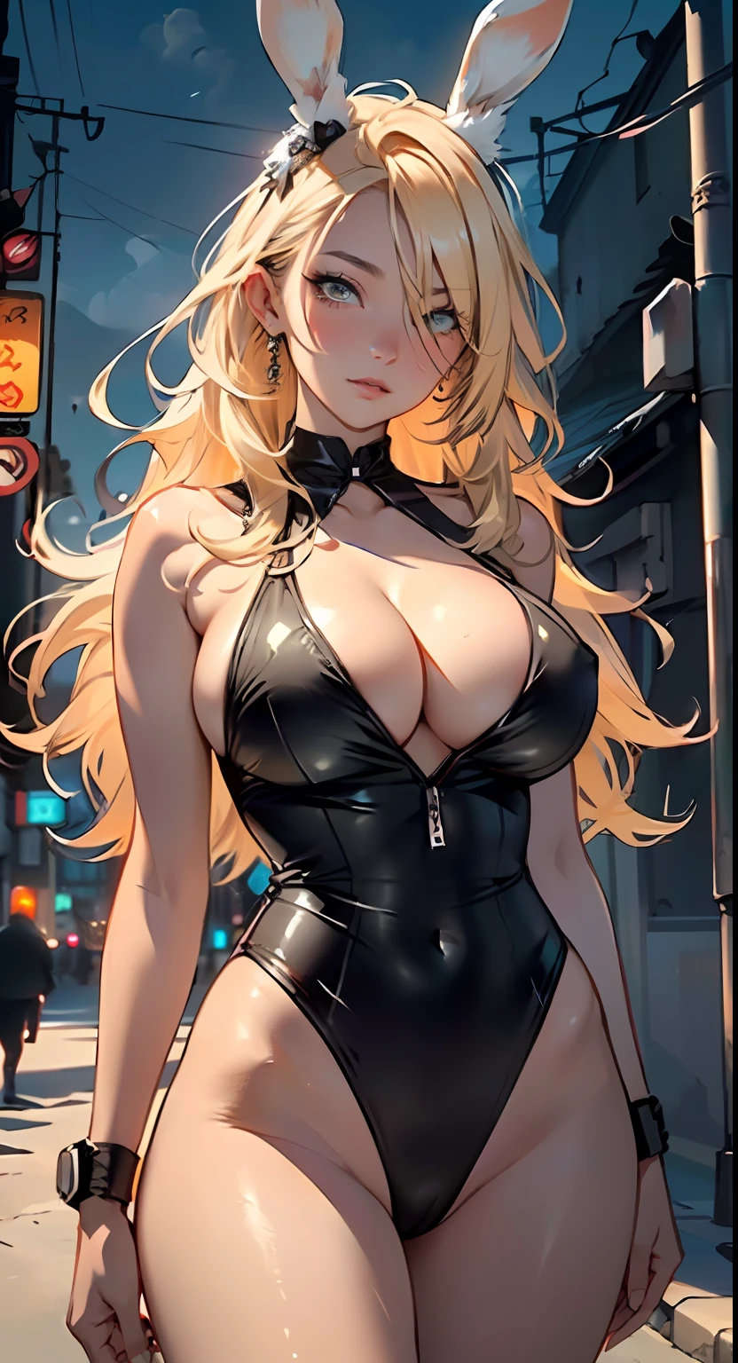 cute bunny girl,(((1girl))),((anime bunny girl with extremely cute and beautiful blonde hair walking seductively down the street)),(((bunny girl,anthro furry cute,bunny-girl))),(((bunny ears,bunny ears on head,big bunny ears))),


(large breasts:1.4),saggy breasts,(((blonde hair:1.35,colored inner hair,ear breathing,long hair))),((heterochromia,eye1 green eye2 orange,perfect eyes,upturned eyes:1.3,beautiful detailed eyes,finely detailed beautiful eyes:1,big highlight on eyes:1.2,slanted eyes)),((fat)),(((lustrous skin:1.5,bright skin: 1.5,skin tanned,shiny skin,very shiny skin,shiny body,plastic glitter skin,exaggerated shiny skin))),(spider lower abdomen,narrow waist,wide hip,athletic body,inflated legs,delicate detailed fingers,detailed body,detailed arms,human hands,(detailed face)),

cute,slutty,seductive,erotic,(((nsfw))),

(((slingshot swimsuit))),(((huge cleavage))),(detailed outfit,detailed clothes),

(dynamic pose:1.0),solo focus,embarrassed,centered,scale to fit dimensions,Rule of thirds,

outdoors,((night view)),(cyberpunk night street Background: 1.5,dark sky,alleyway,lonely alley,thick clouds,detailed background:1.25),

(best quality),(high resolution),(sharp focus),(ultra detailed),(extremely detailed),(extremely high quality artwork),8k_wallpaper,(extremely detailed CG 8k),(very fine 8K CG),((hyper super ultra detailed perfect piece)),flawless,(((masterpiece))),illustration,vibrant colors,(intricate),High contrast,Selective lighting,Double exposure,HDR (High Dynamic Range),Post-processing,Background blur,