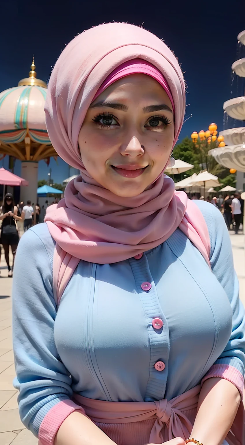 Female((35year old)), hijab((pompom plain hijab)), eyes((smart eyes, blue eyes)), clothes((wool, pink, pink)), accessories ((hair ornaments)), big boobs, korean make-up look, smiling, amusement park, fountain,