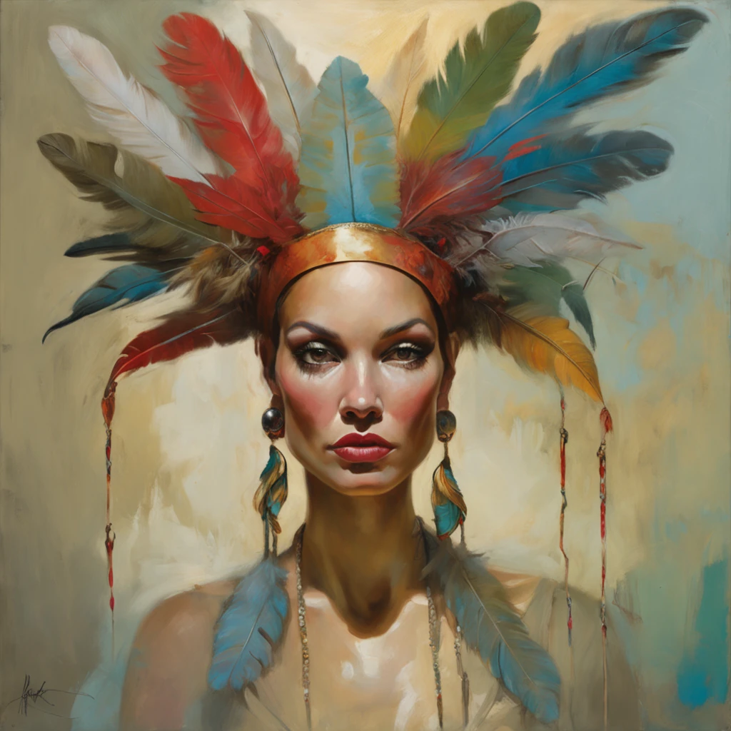 Painting of a woman with a feather headdress and feathers on her head, Karol Bak et Peter Mohrbacher, Par Tom Bagshaw et Boris Vallejo, Artgerm Julie Bell Beeple, Boris Vallejo et Tom Bagshaw, Heather Theurer, Adrian Borda, Tom Bagshaw et Sabbas Apterus, inspired by Karol Bak