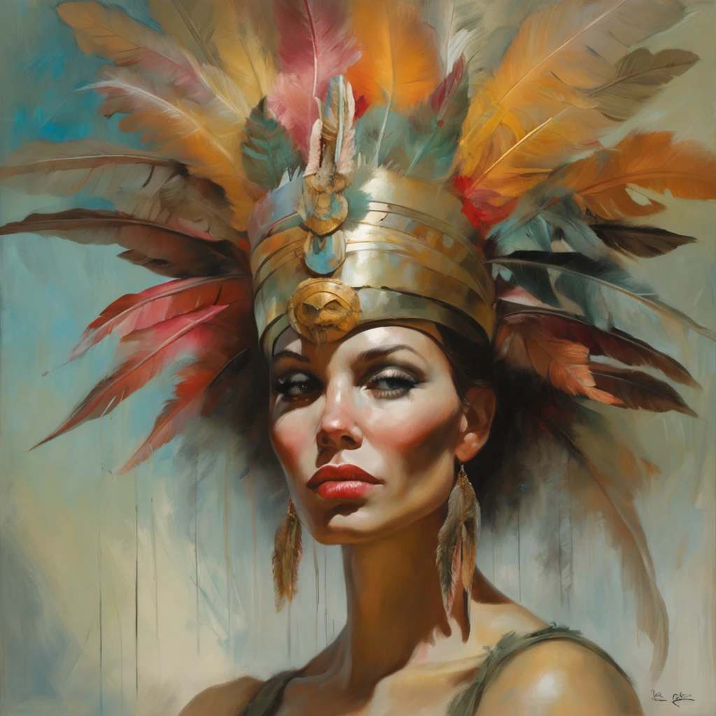 Painting of a woman with a feather headdress and feathers on her head, Karol Bak et Peter Mohrbacher, Par Tom Bagshaw et Boris Vallejo, Artgerm Julie Bell Beeple, Boris Vallejo et Tom Bagshaw, Heather Theurer, Adrian Borda, Tom Bagshaw et Sabbas Apterus, inspired by Karol Bak