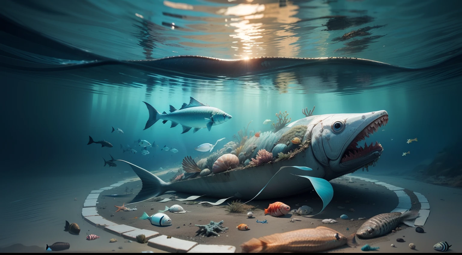 Marine pollution,Fish carcasses,Lifeless,Environmental issues,Disturbing,surrealism,high high quality,tmasterpiece