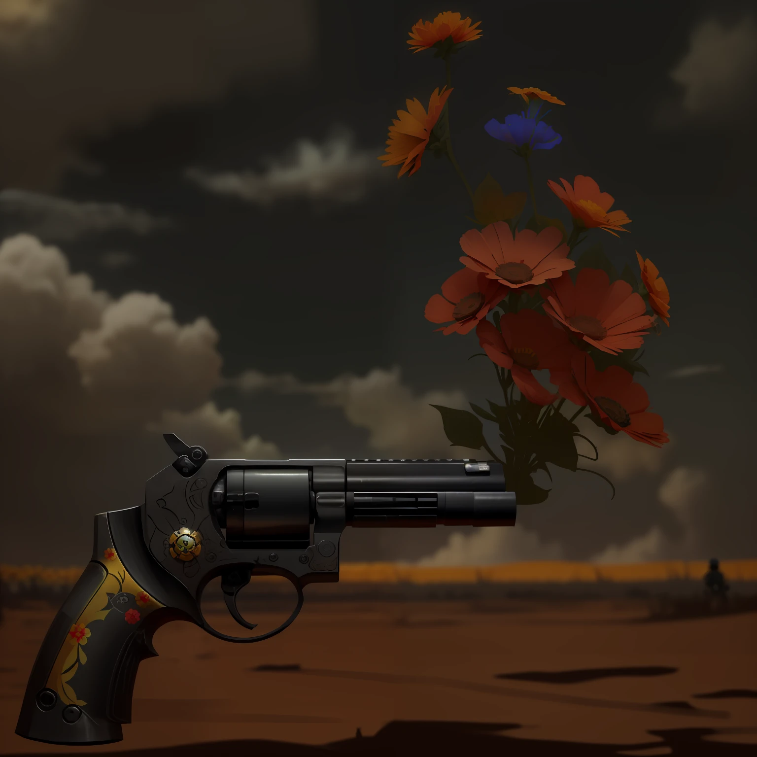 The flowers change colorfully，Gun God mechanized，The background is random，The hand holding the gun，The smiley badge of the laughter hangs on the wrist