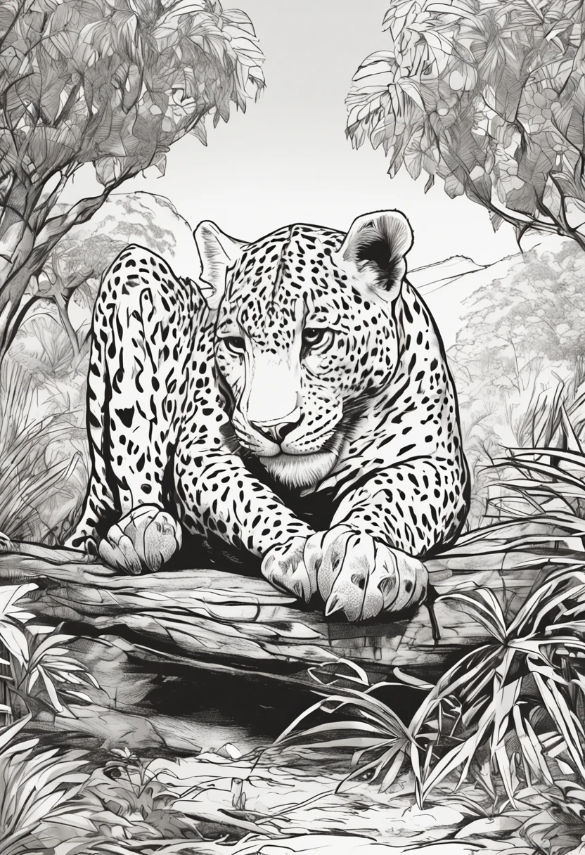 Interesting illustration, Easy coloring for 8-12 year olds in jaguars relaxing in the shade of a tree.