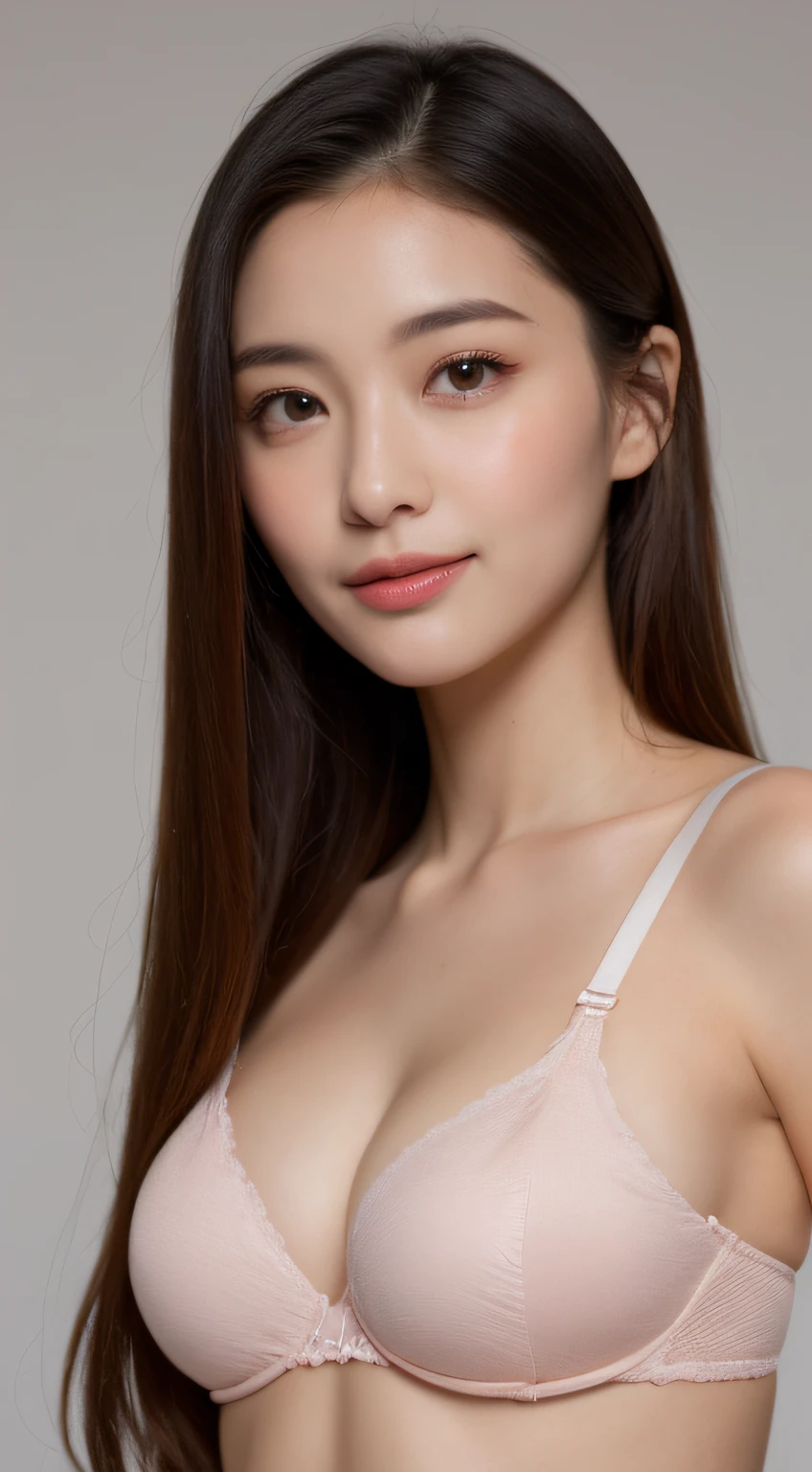 ((Best picture quality, 8K, tmasterpiece:1.3)), 1girll, Beautiful woman with slender abs:1.3, (Casual hairstyle, :1.2), Pink low-cut bra，Super large，The skin is very white，Ultra-fine face, A detailed eye, 二重まぶた，ssmile。Take pictures in cute poses，The figure is very bad，tiny small waist，Super big breasts，Close-up，Close-up chest，White-skinned，The background is casual，Close-up Shot Shot