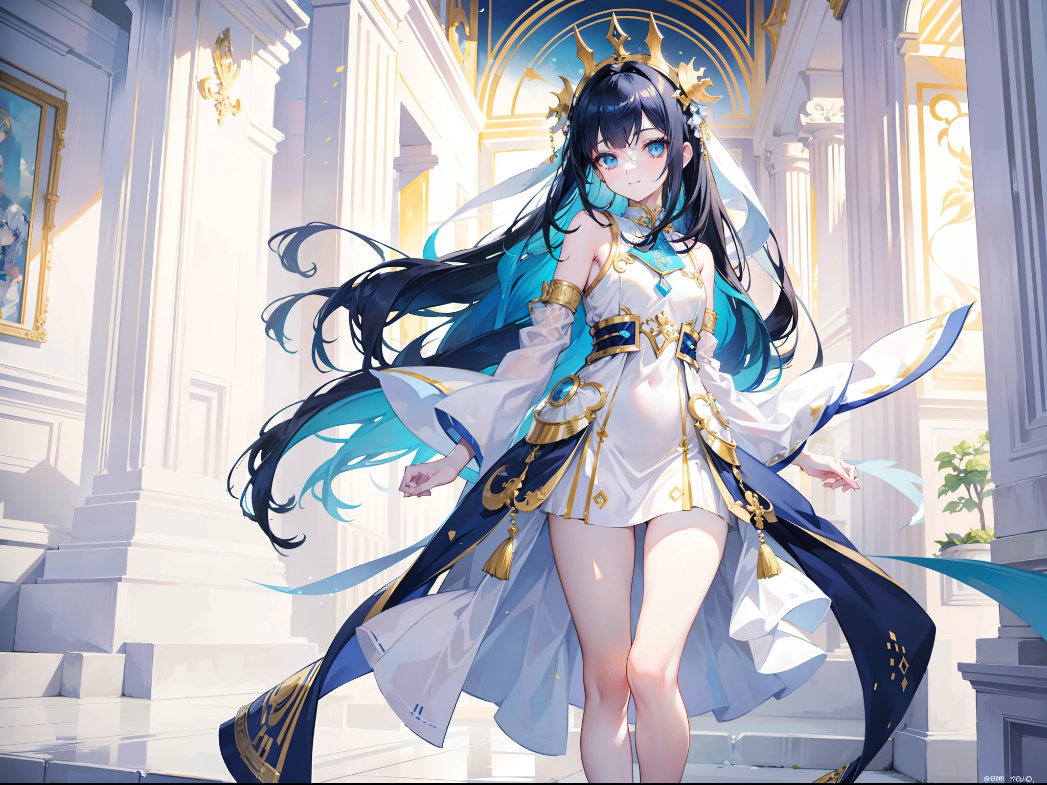 Anime , White and blue dress, blue hand and thigh accessories, black hair, hair accessories, blue eyes, gold ear decorations, nose, smiling, pale skin, scars on legs, neck, shoulders, small chest, arms, hands emitting energy, thin waist, legs, big thigh, bare round feet, cute, gold stripes on dress, white marble floor in a temple, standing dominantly, cinematic light, high resolution, highest quality, ultra detailed, detailed face, (detailed eyes), best quality, hyper detailed, masterpiece, (detailed face), clean face
