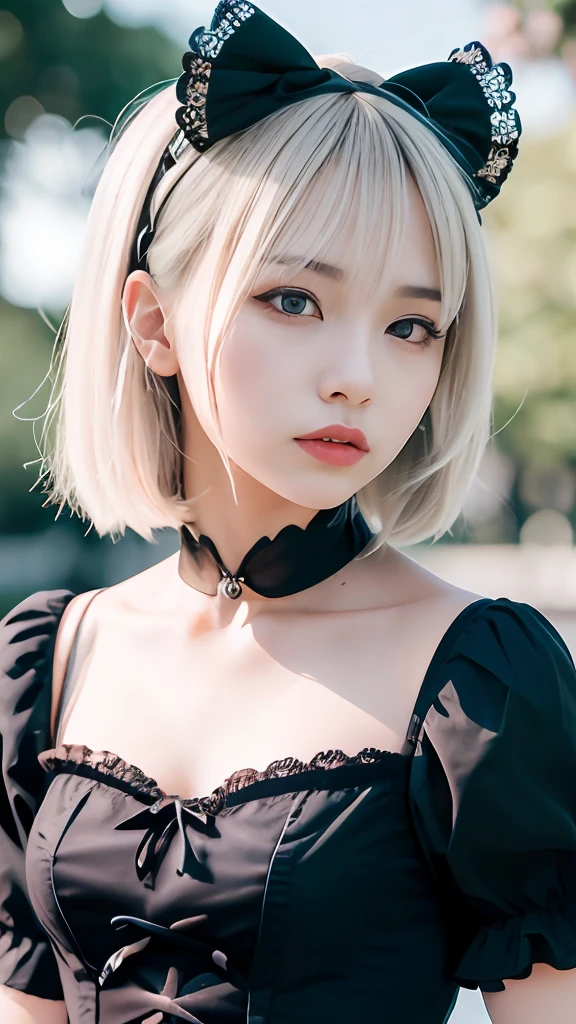 (masutepiece, Best Quality:1.2), 8K, 85 mm, Official art, Raw photo, absurderes, platinum hair, (Blue eyes, Lolita Fashion, sweetlolita, Gothic, Dress:1.2), Idol face, full body Esbian, Beautiful Girl, gardeniass, Copenhagen, Short sleeve, Elegance, Sophisticated, gardenia, Looking at Viewer, Film grain, chromatic abberation, Sharp Focus, face lights, Dynamic lighting, Cinematic lighting, Detailed face, Bokeh background