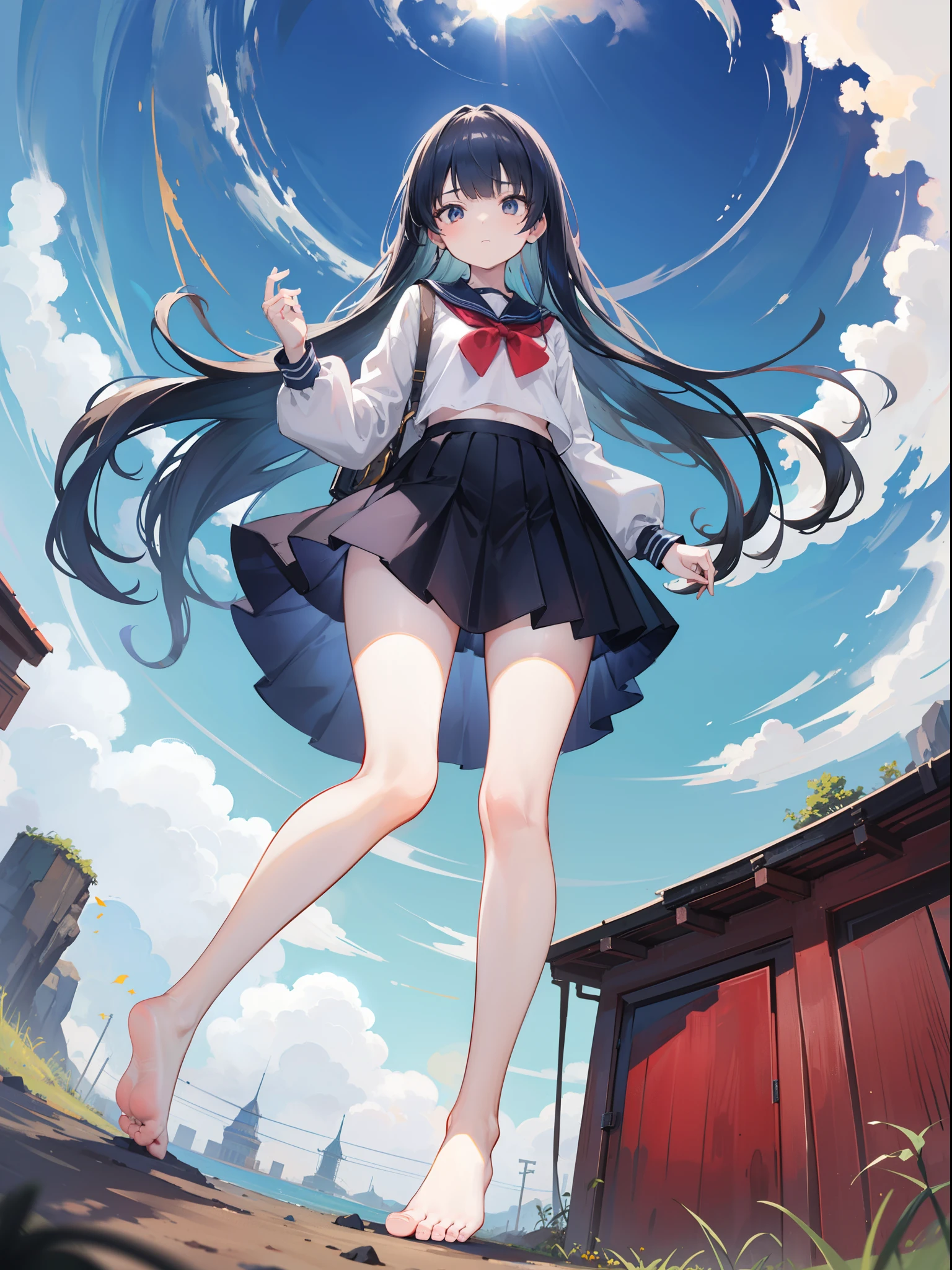 Anime girl with long black hair and a bow tie standing in front of a ...