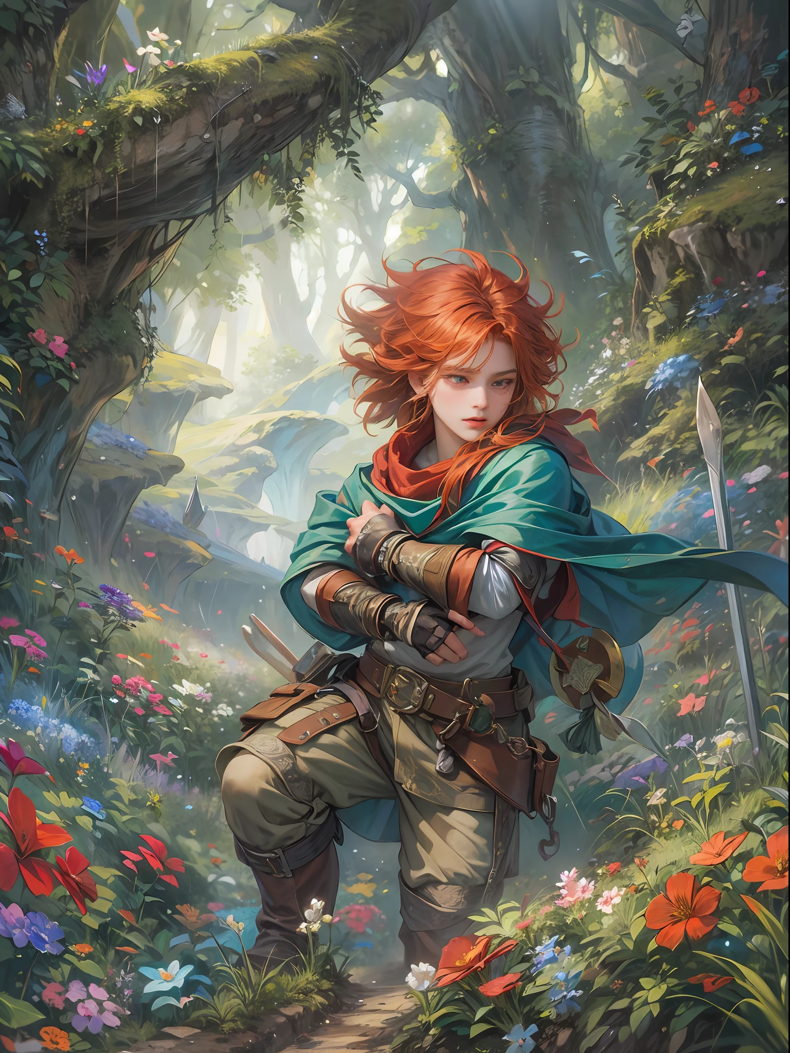 (absurdres, highres, ultra detailed, HDR), masterpiece, best quality, legend of mana character, handsome young hero wearing detailed blue scarf and red hair ornament, detailed face, handsome face, shiloh playing the green bow and purple arrows outside with an adventurer in a deserted place, carrying detailed black sword, strolling at the middle of faerieforest, detailed character, detailed flower forest, detailed highway field