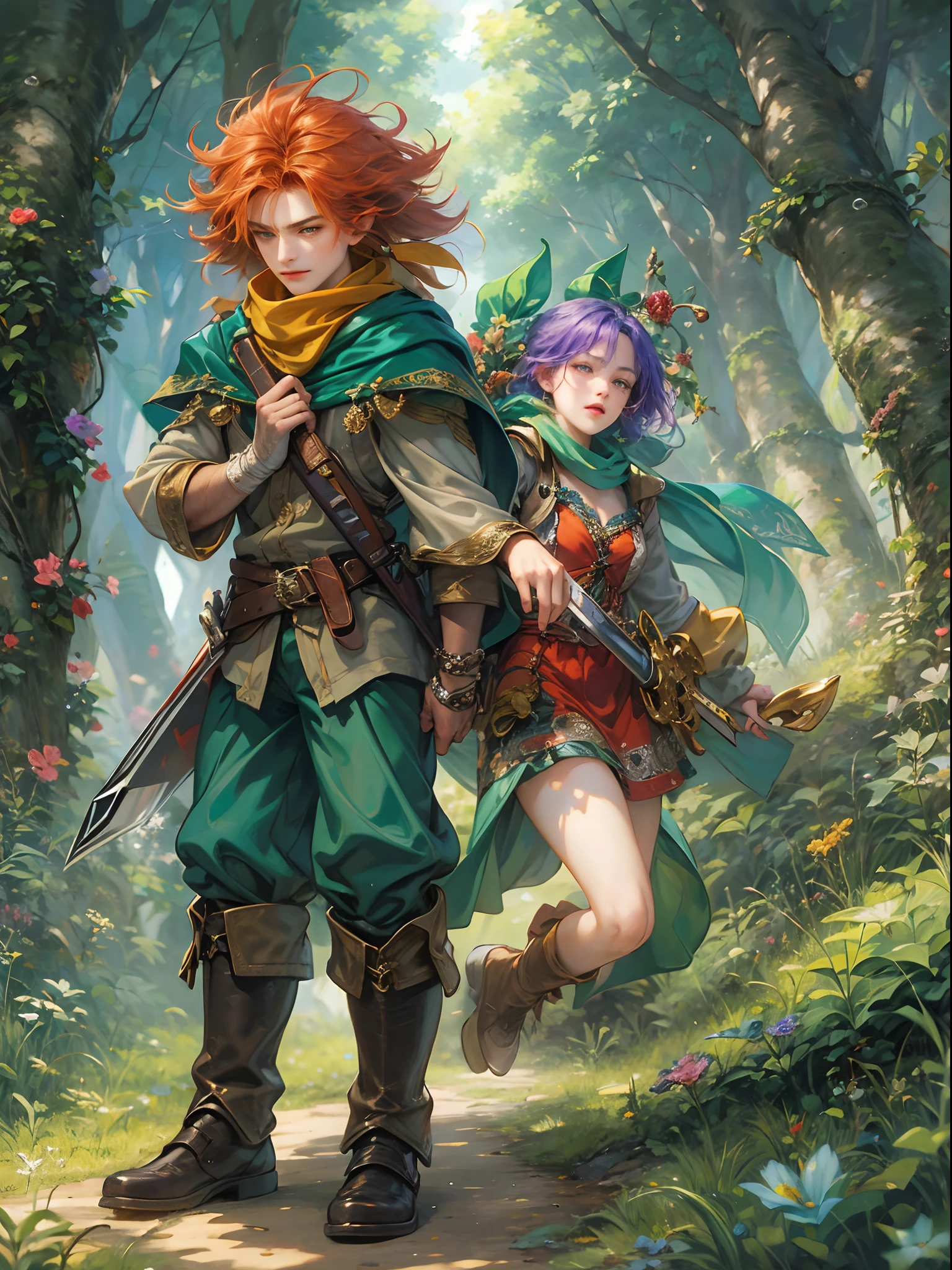 (absurdres, highres, ultra detailed, HDR), masterpiece, best quality, legend of mana character, handsome young hero wearing detailed blue scarf and red hair ornament, detailed face, handsome face, shiloh playing the green bow and purple arrows outside with an adventurer in a deserted place, carrying detailed black sword, strolling at the middle of faerieforest, detailed character, detailed flower forest, detailed highway field