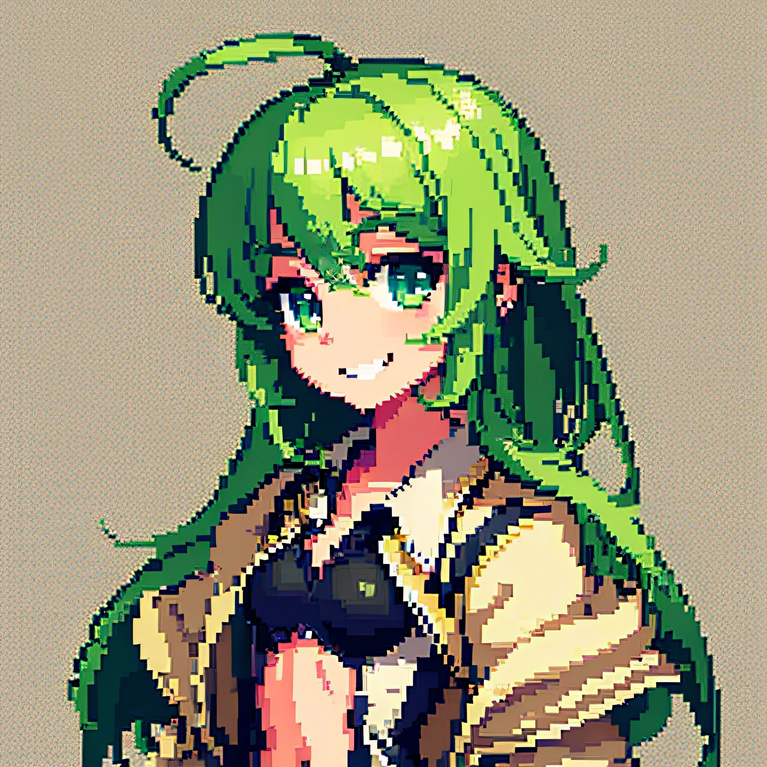 hcnone, Pixel art, Masterpiece, pix, 1girll, Portrait, Beige lace, Light green hair, Green eyes, Petite, Small chest, Face only, view the viewer, Profile picture, Smile, grin, Tsundere, ahoge, Anime style, Cute, Simple background, greybackground