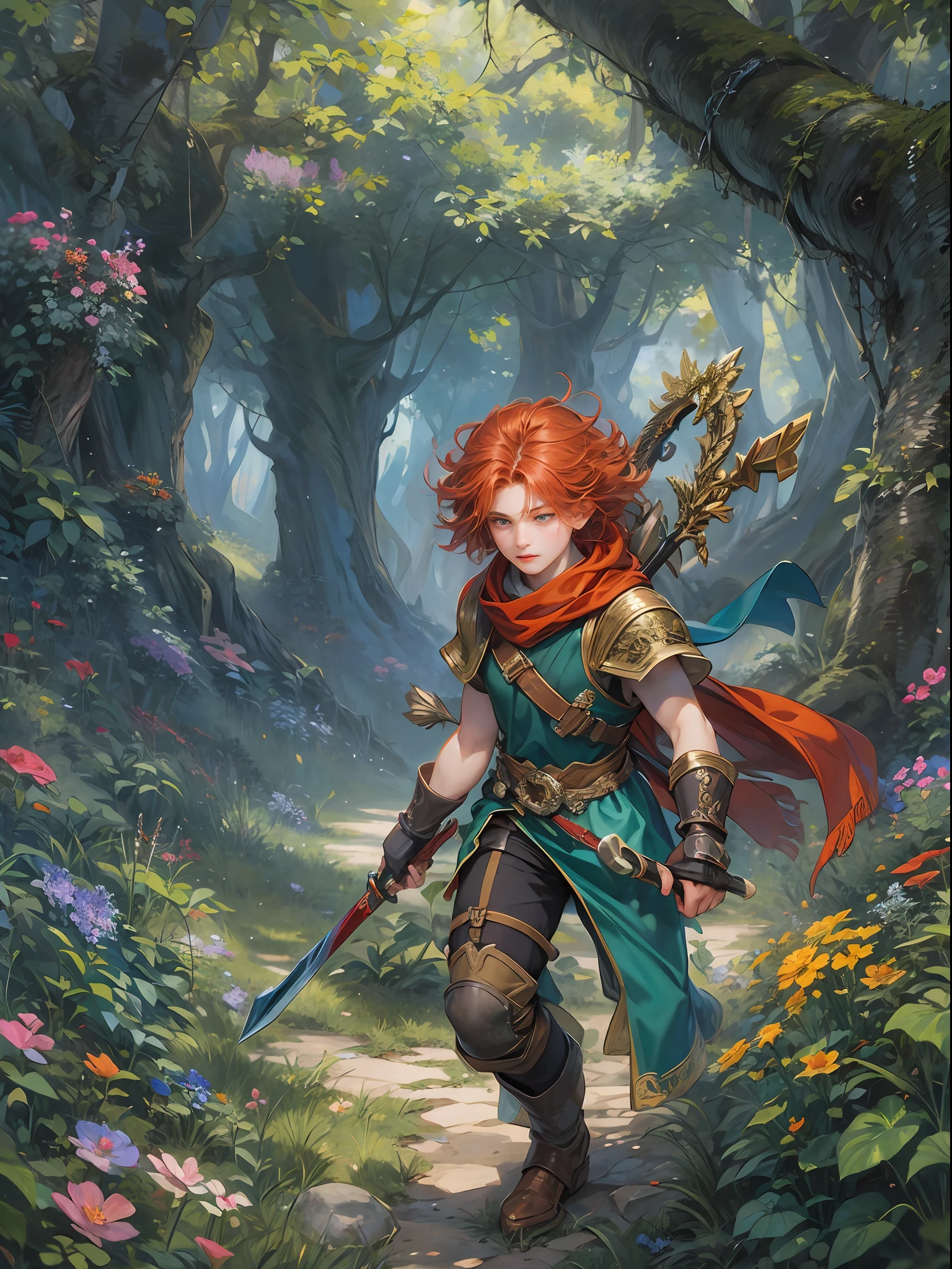 (absurdres, highres, ultra detailed, HDR), masterpiece, best quality, legend of mana character, handsome young hero wearing detailed blue scarf and red hair ornament, detailed face, handsome face, shiloh playing the green bow and purple arrows outside with an adventurer in a deserted place, carrying detailed black sword, strolling at the middle of faerieforest, detailed character, detailed flower forest, detailed highway field